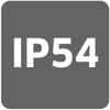 'IP54' na szarym tle, wskazuje, że urządzenie jest chronione przed szkodliwą ilością pyłu oraz odporne na zachlapania wodą.