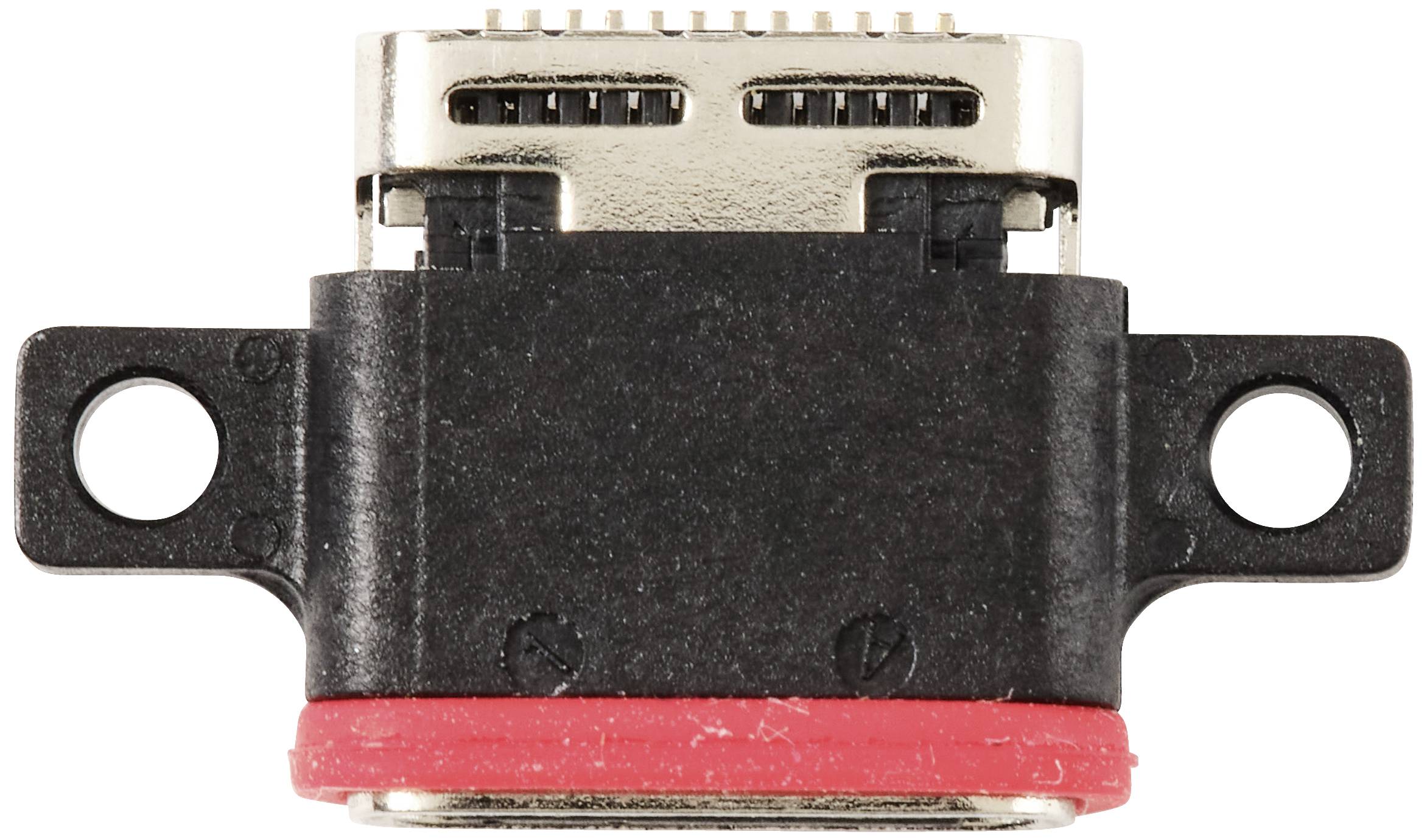Zbliżenie złącza micro-USB, odpowiedniego dla urządzeń elektronicznych. Obudowa w kolorze czarnym, metalowe styki widoczne od góry.