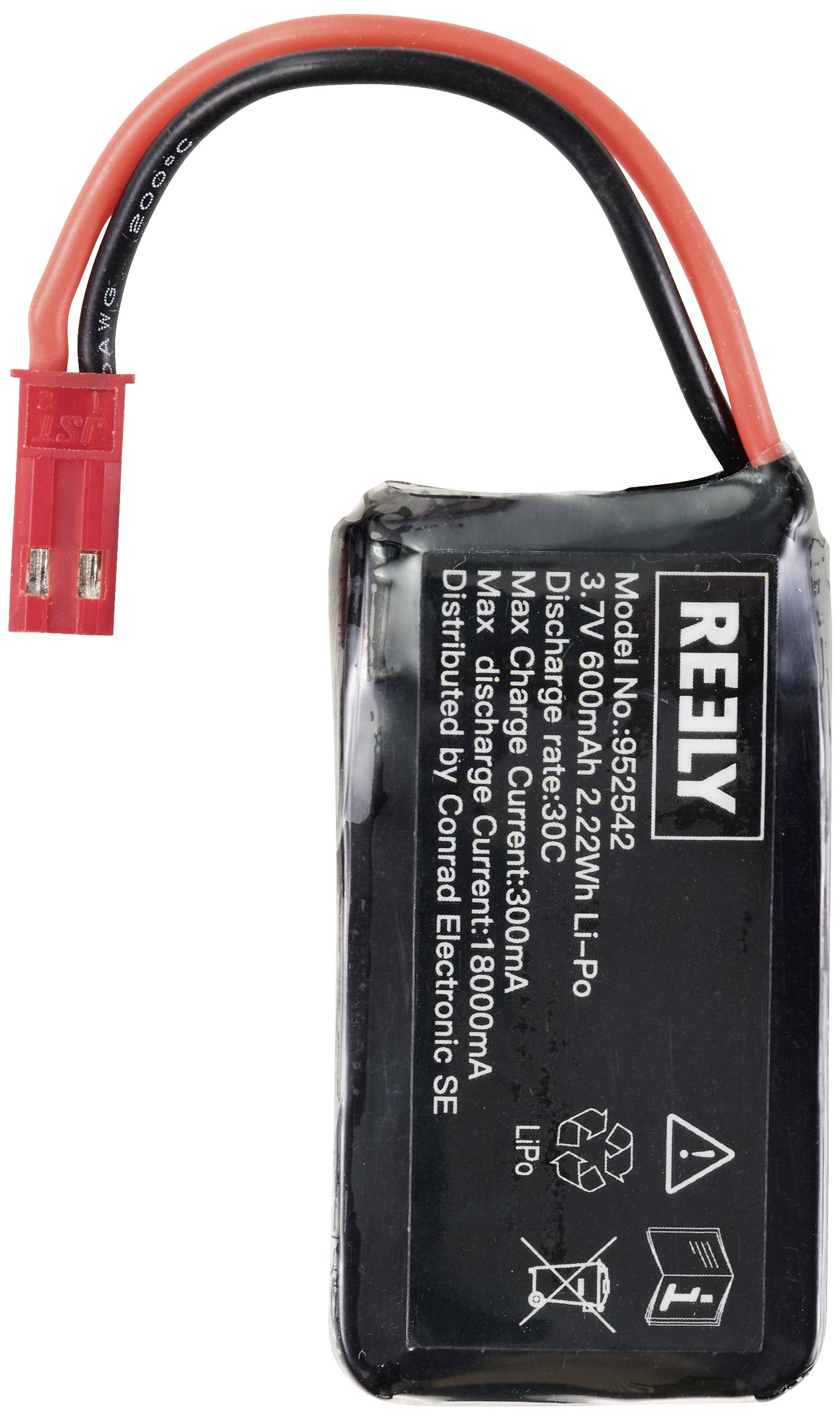 Czarny akumulator marki RELY z czerwonym przewodem przyłączeniowym. Napis wskazuje specyfikacje techniczne: 3,7V, 600mAh, 2,22Wh, Li-Po.