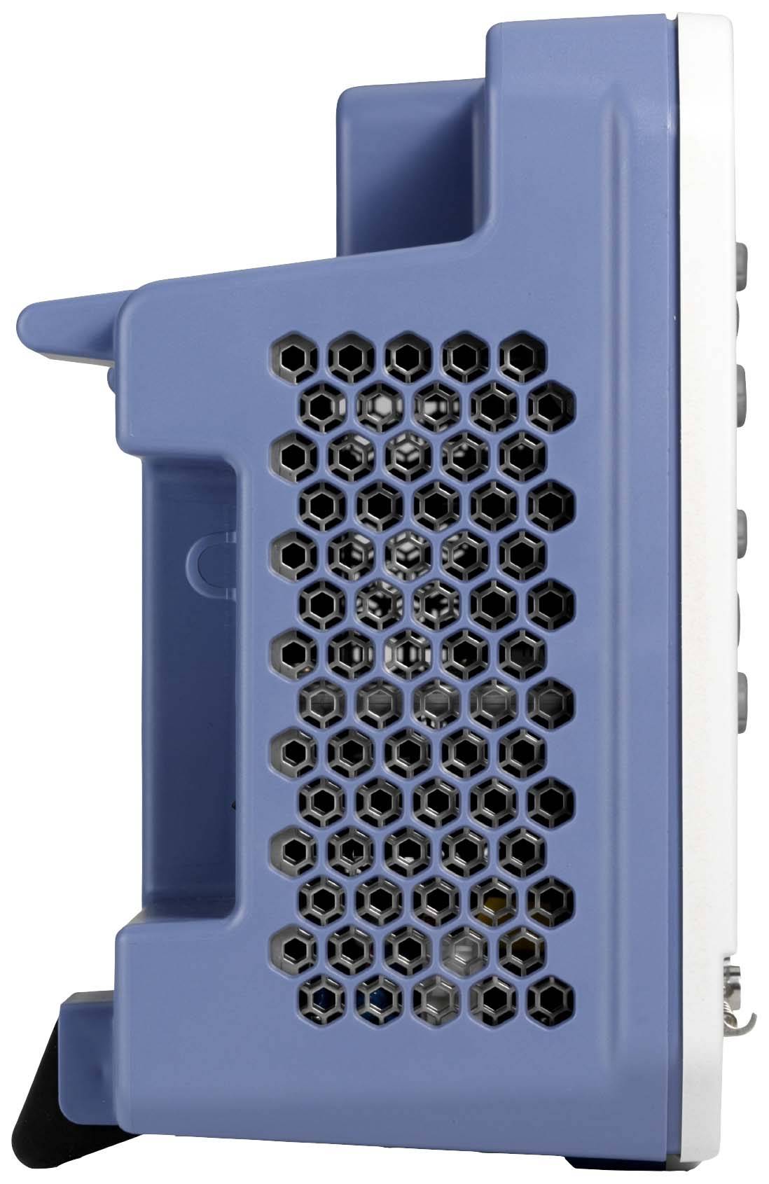 Niebieski, prostokątny głośnik z sześciokątnym wzorem na boku; zdjęcie przedstawia widok boczny urządzenia.