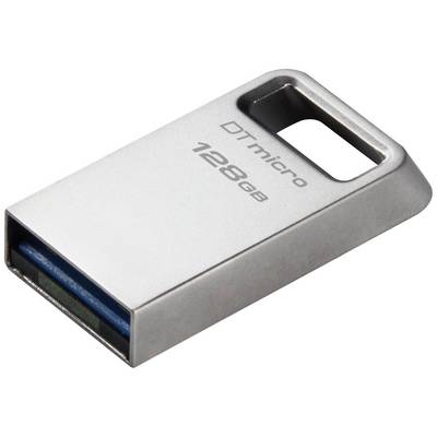 Srebrny pendrive z napisem 'DT micro 128 GB', kompaktowy i prostokątny, z niebieskim złączem z przodu.