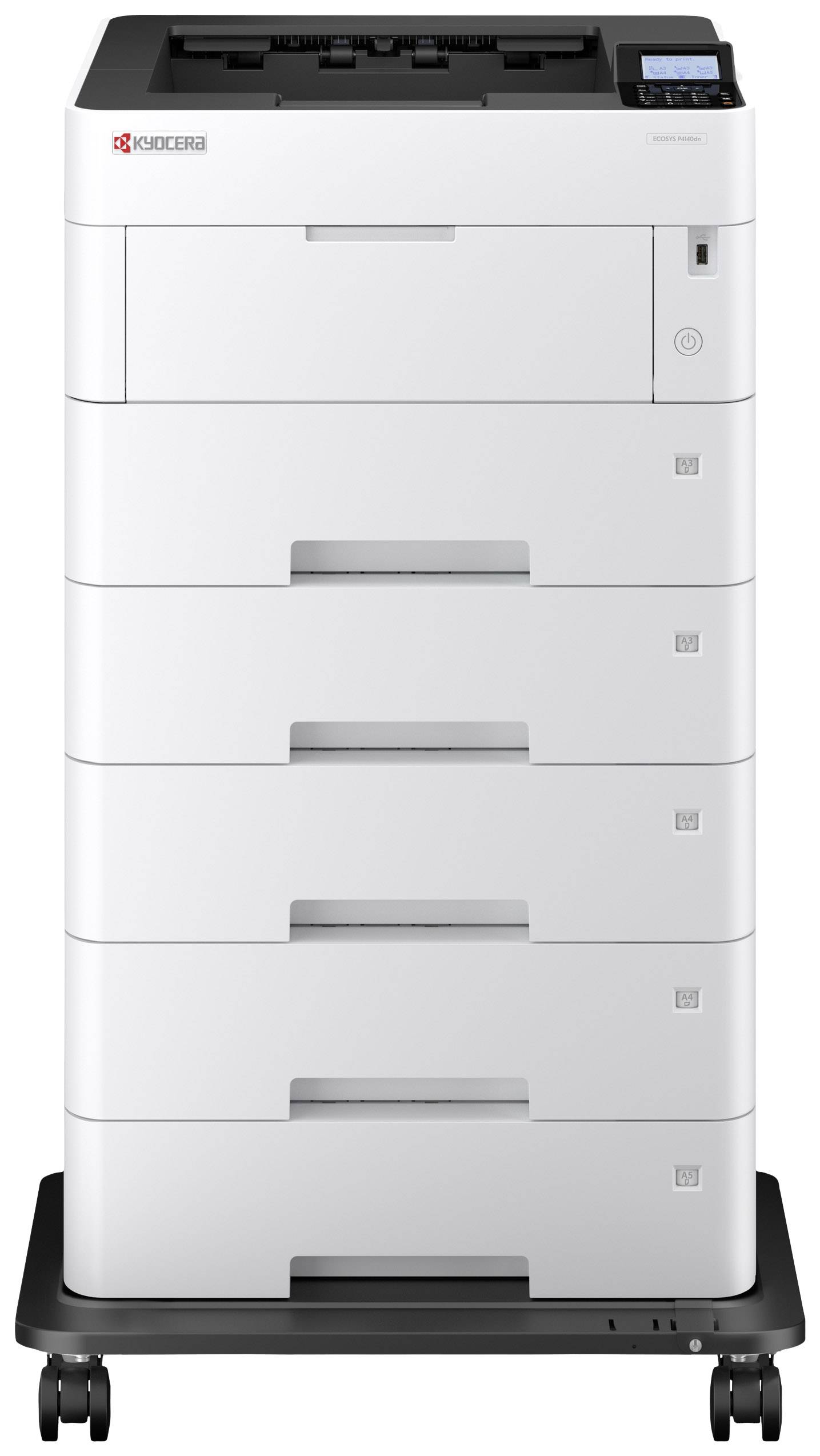 Wielofunkcyjna drukarka z pięcioma podajnikami papieru na mobilnym stojaku. Idealna dla biur o dużym zapotrzebowaniu na wydruki.