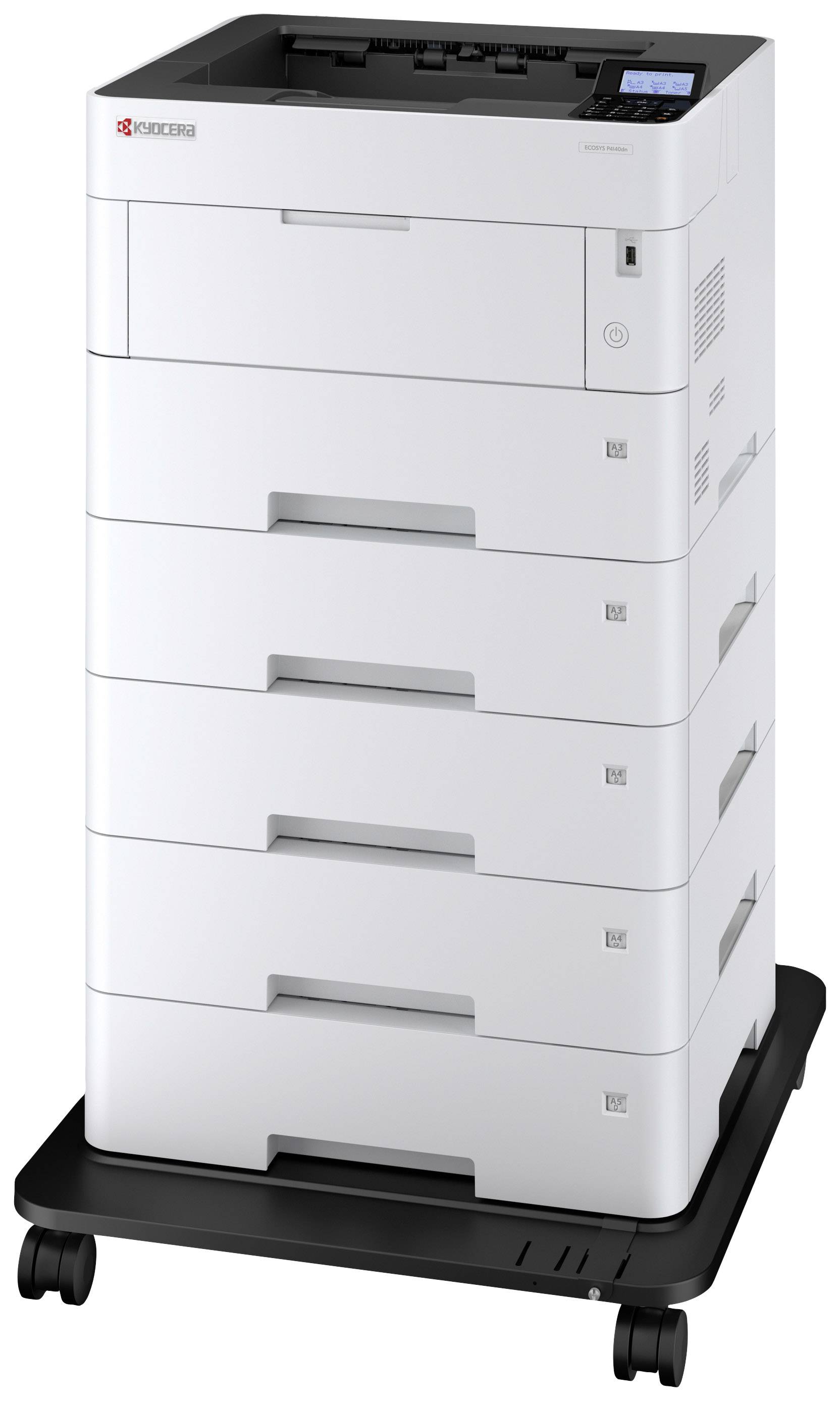 Biały drukarka laserowa na czarnym wózku jezdnym, z wieloma podajnikami papieru i elementami sterującymi na górze.