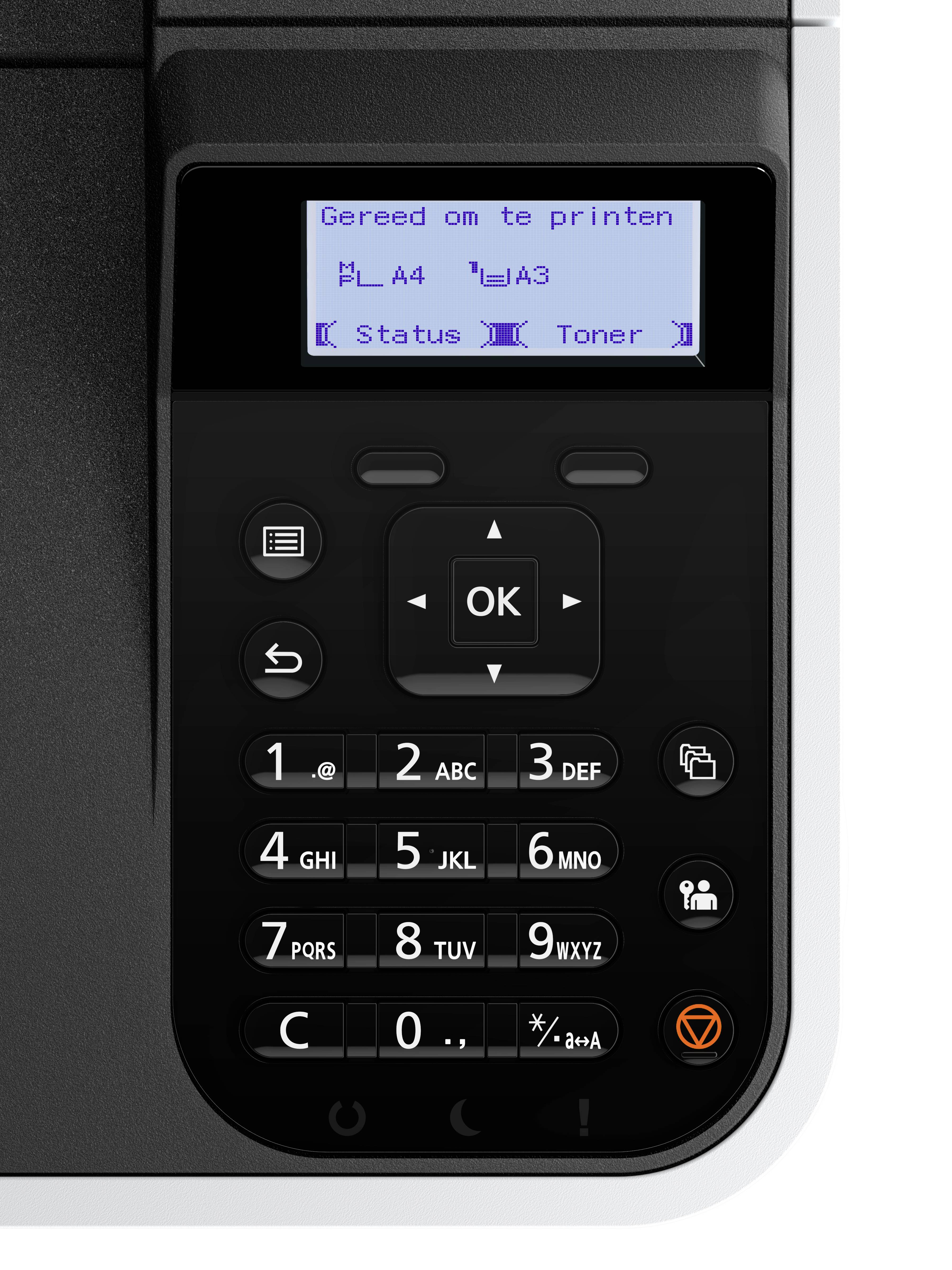 Panel sterujący drukarki z klawiaturą i wyświetlaczem, pokazujący napis 'Gotowy do druku', formaty papieru A4 i A3 oraz 'Status' i 'Toner'.