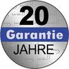 Okrągłe logo z napisem '20 lat gwarancji', czarny tekst na srebrnym tle, niebieski pasek z napisem 'Gwarancja'.