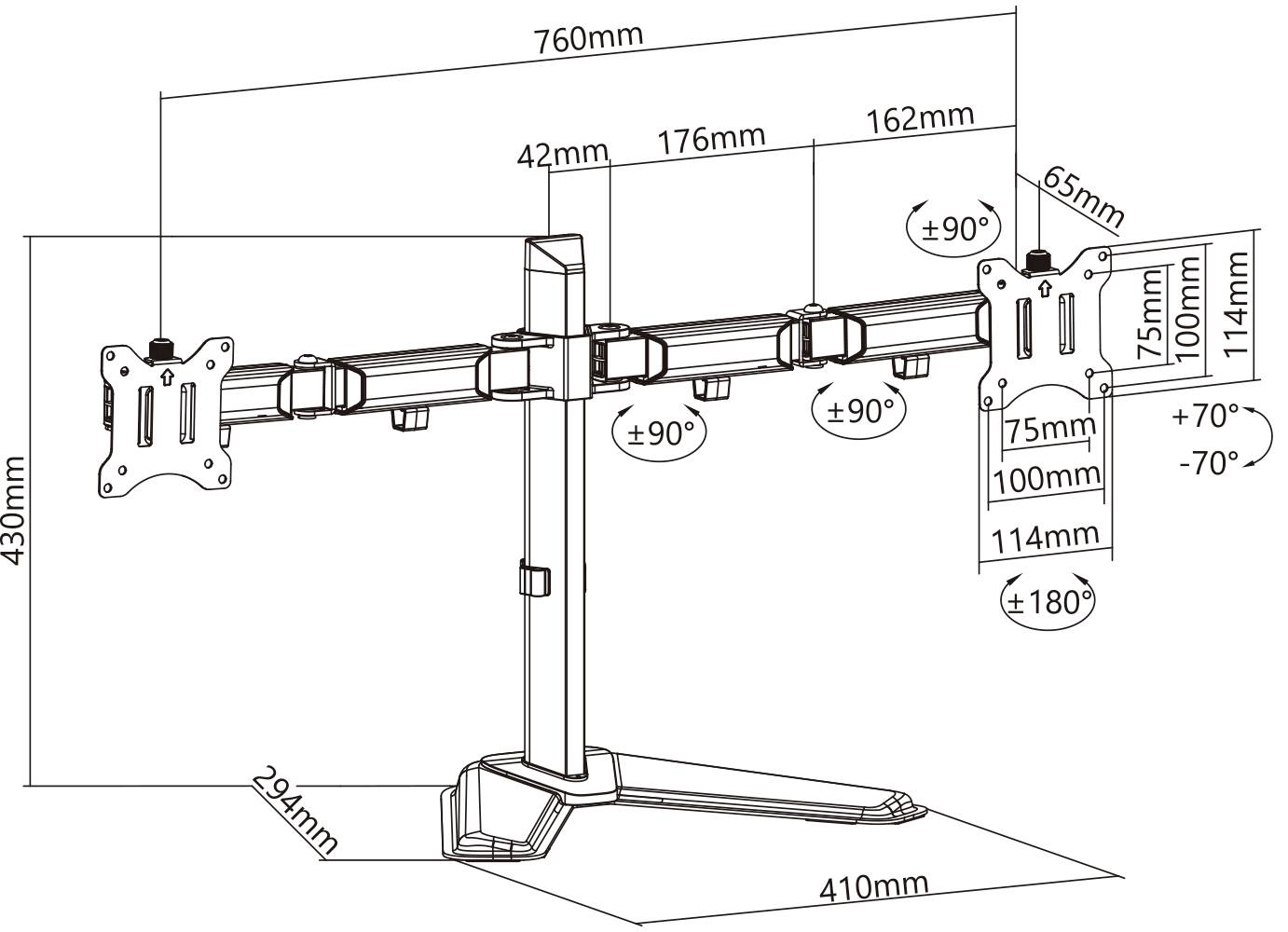 Diagram trzystanowiskowego stojaka na monitory z wymiarami: szerokość 760 mm, wysokość 430 mm. Dżojstik regulacji nachylenia monitorów: ±90°. Zakres regulacji wysokości: 114 mm.