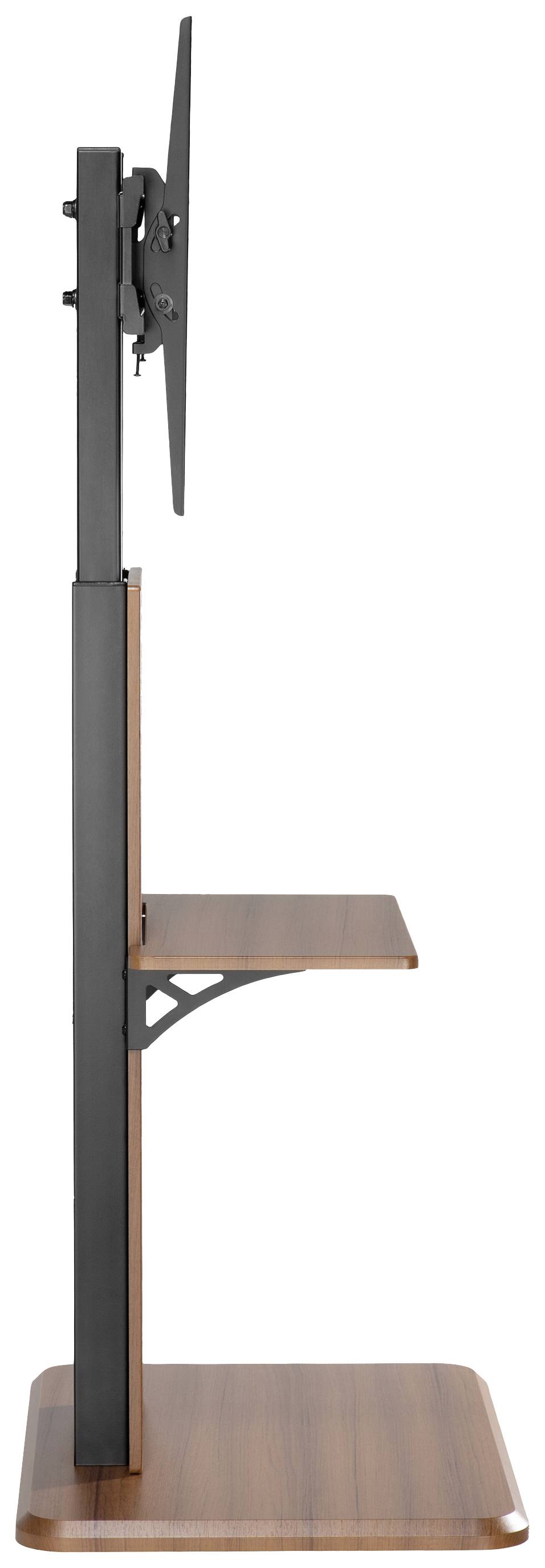 Stojak z regulowanym uchwytem do telewizora lub monitora, widziany z boku. Stojak posiada drewnianą stylistykę i półkę do przechowywania.
