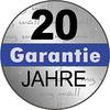 20 lat gwarancji widnieje na czarno i niebiesko na okrągłym, szarym tle.