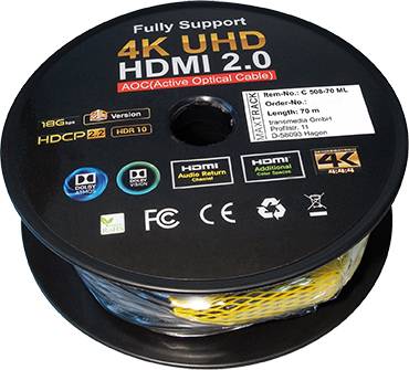 Rolka z kablem HDMI 2.0, 70 metrów, obsługująca 4K UHD. Oznaczenie: 'AOC (Active Optical Cable)'. Kompatybilna z Dolby Vision i transmisją zdalną.
