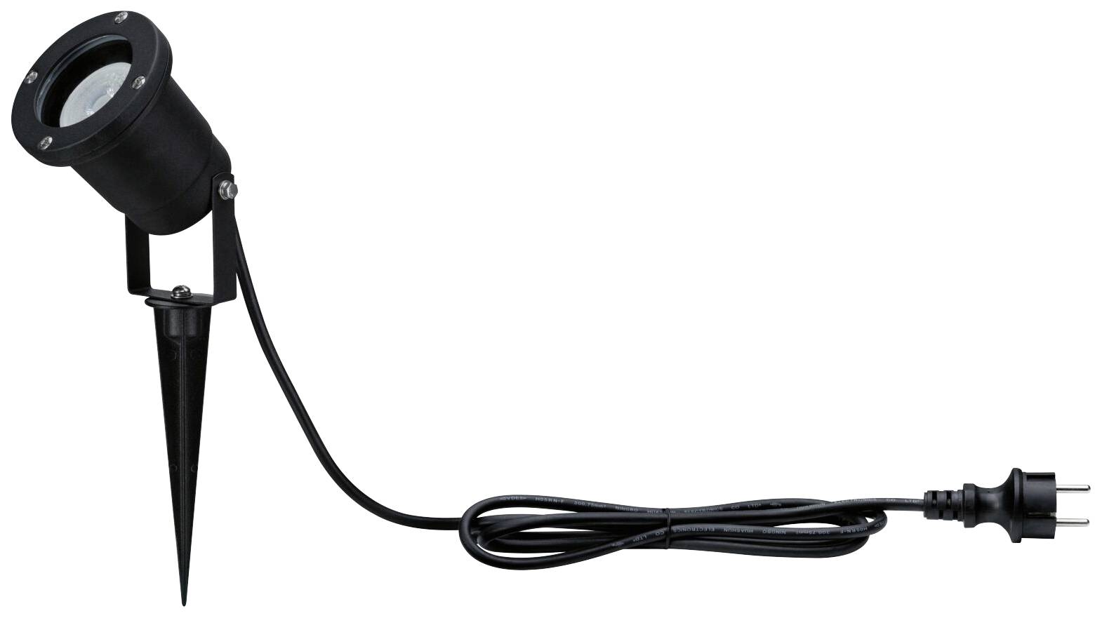 Przedstawiono czarny naświetlacz LED do wbicia w ziemię z przewodem zasilającym. Odpowiedni do oświetlenia zewnętrznego.