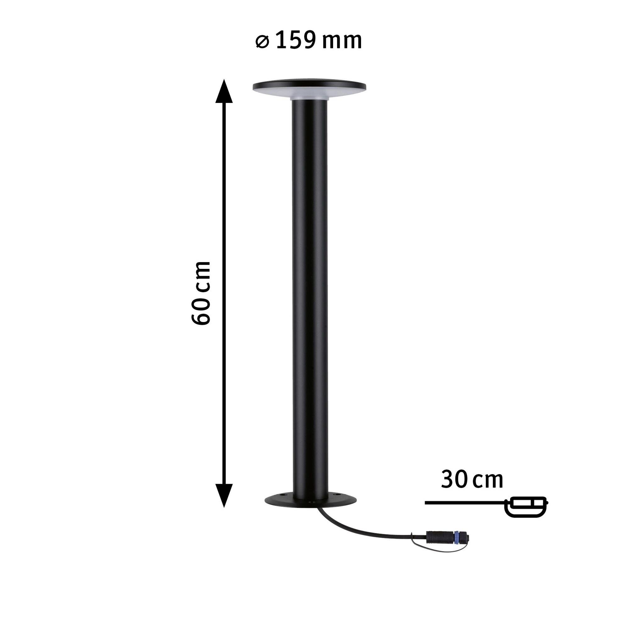 Czarna, okrągła lampa stojąca, 60 cm wysokości, Ø 159 mm, z przewodem zasilającym. Oznaczone wymiary: wysokość 60 cm, kabel 30 cm.