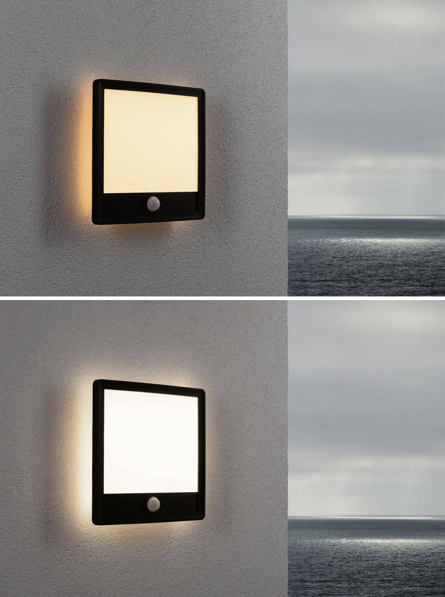 Dwie fotografie lampy zewnętrznej na ścianie o zmierzchu i w świetle dziennym, z widokiem na morze w tle. Intensywność światła jest zróżnicowana.