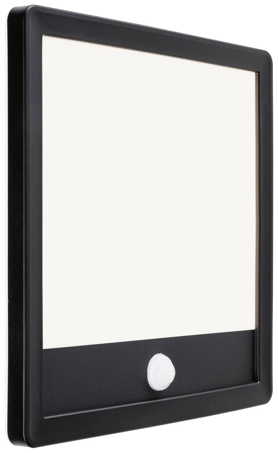 Kwadratowy kinkiet LED z czarną ramką i czujnikiem ruchu; odpowiedni do korytarzy i przestrzeni na zewnątrz.