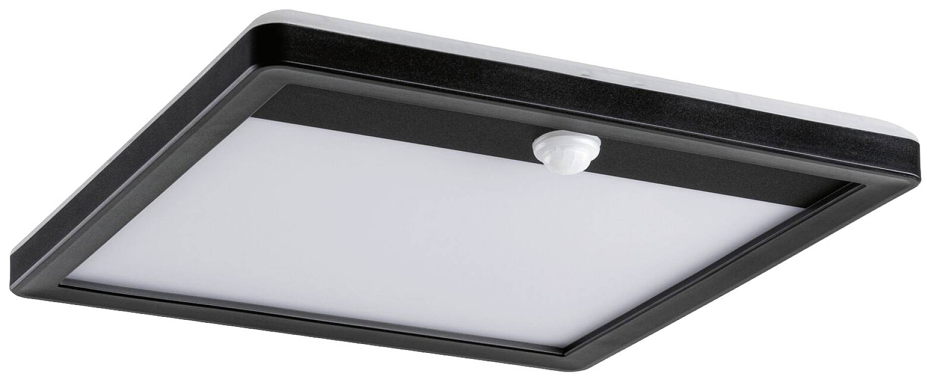 Kwadratowa lampa sufitowa LED z czarną ramą i białą osłoną, z czujnikiem ruchu umieszczonym pośrodku.