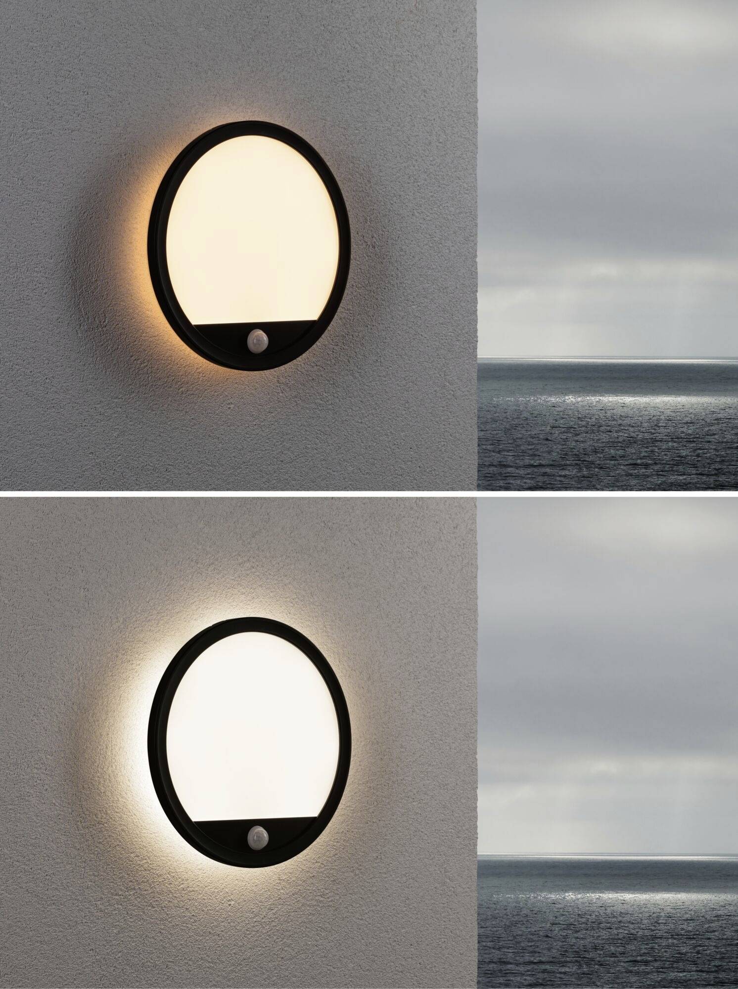 Dwa zdjęcia przedstawiają okrągłą lampę ścienną, raz z miękkim, ciepłym światłem, a raz z chłodniejszym, neutralnym światłem. W tle widać morze.