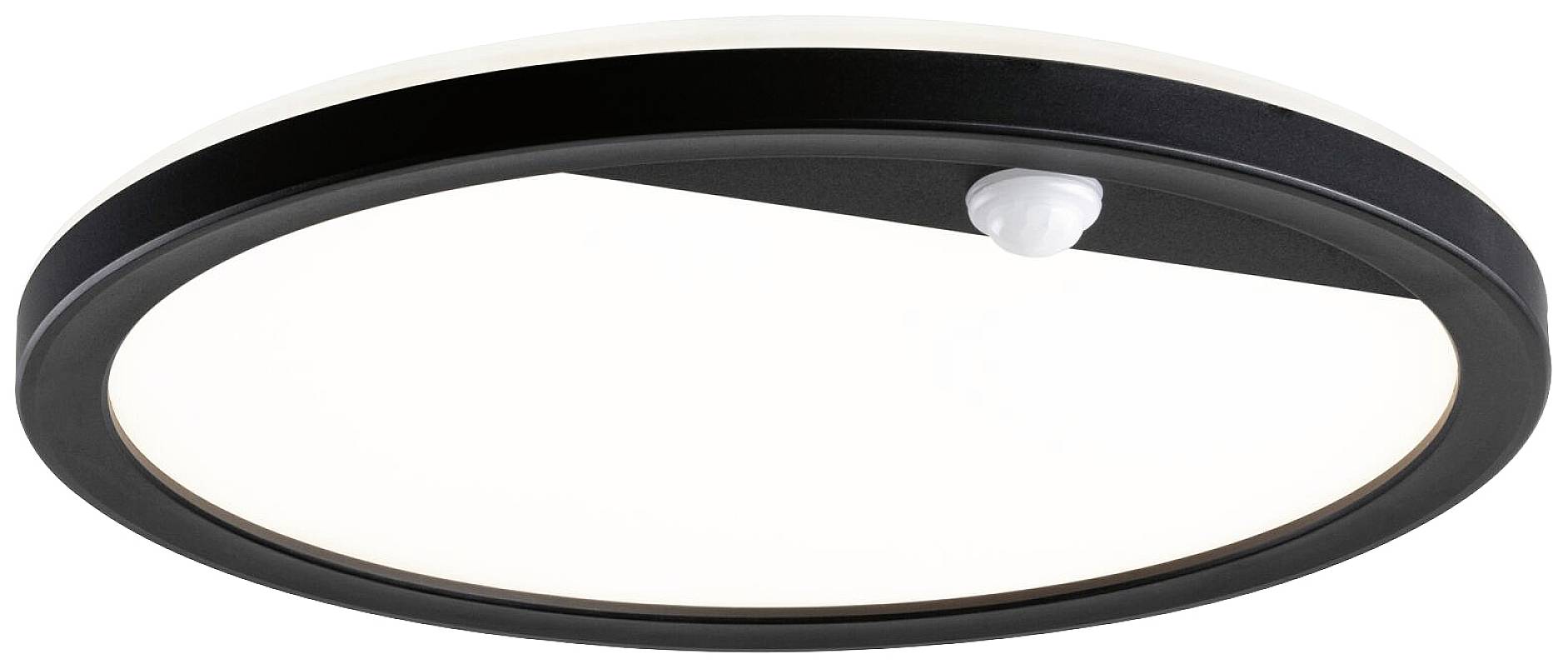 Okrągła, nowoczesna lampa sufitowa z czarną ramą i wbudowanym czujnikiem ruchu.