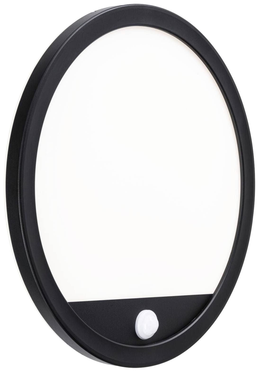 Czarno-biały okrągły kinkiet z czujnikiem ruchu na dole.