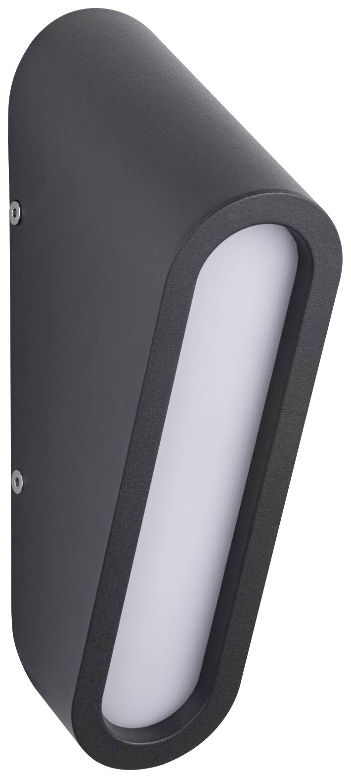 Lampa ścienna na zewnątrz, ciemnoszara, klinowata, z białym panelem świetlnym, przeznaczona do montażu oświetleniowego na wolnym powietrzu.