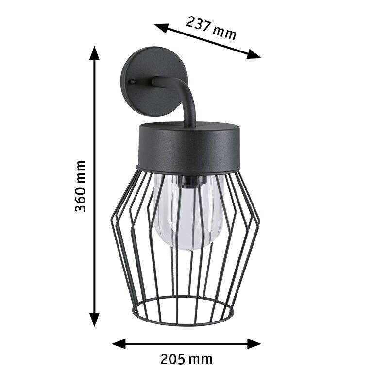 Czarna lampa ścienna z geometrycznym wzorem z drutu i żarówką. Wymiary: wysokość 360 mm, szerokość 205 mm, głębokość 237 mm.