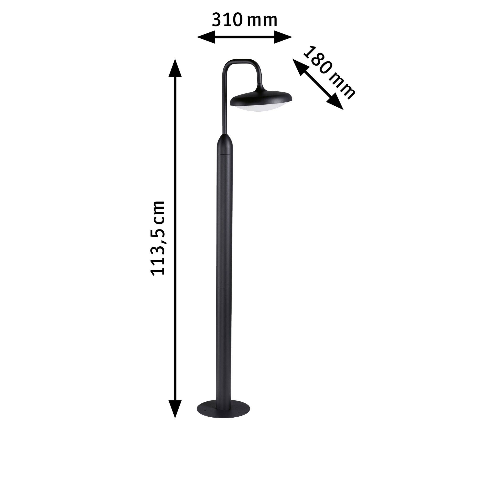 Lampa stojąca, czarna, wysokość 113,5 cm. Odległość od lampy do podstawy wynosi 310 mm, średnica klosza 180 mm.