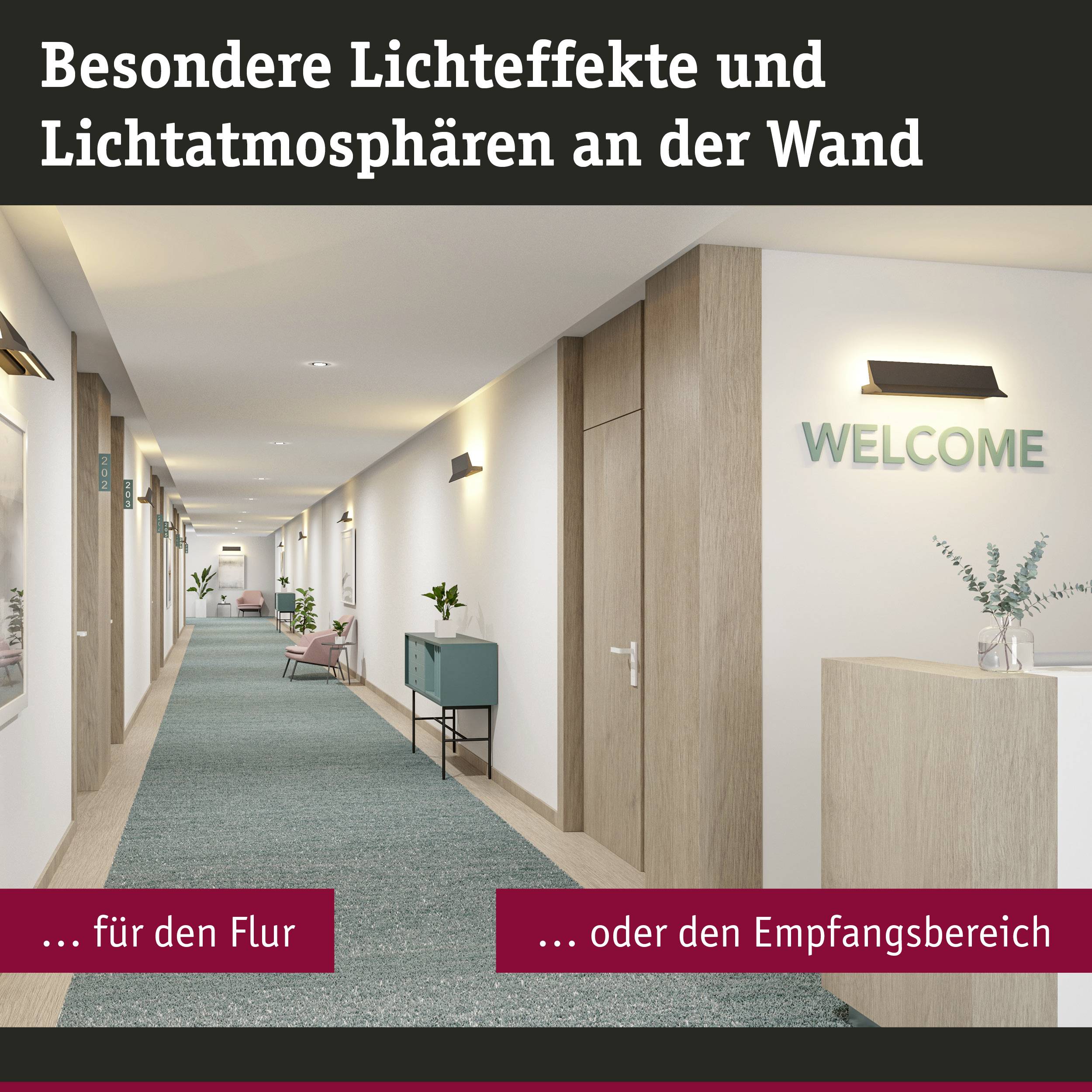 Korytarz z kinkietami ściennymi i nowoczesną dekoracją. Tekst: Wyjątkowe efekty świetlne i atmosfera świetlna na ścianie.