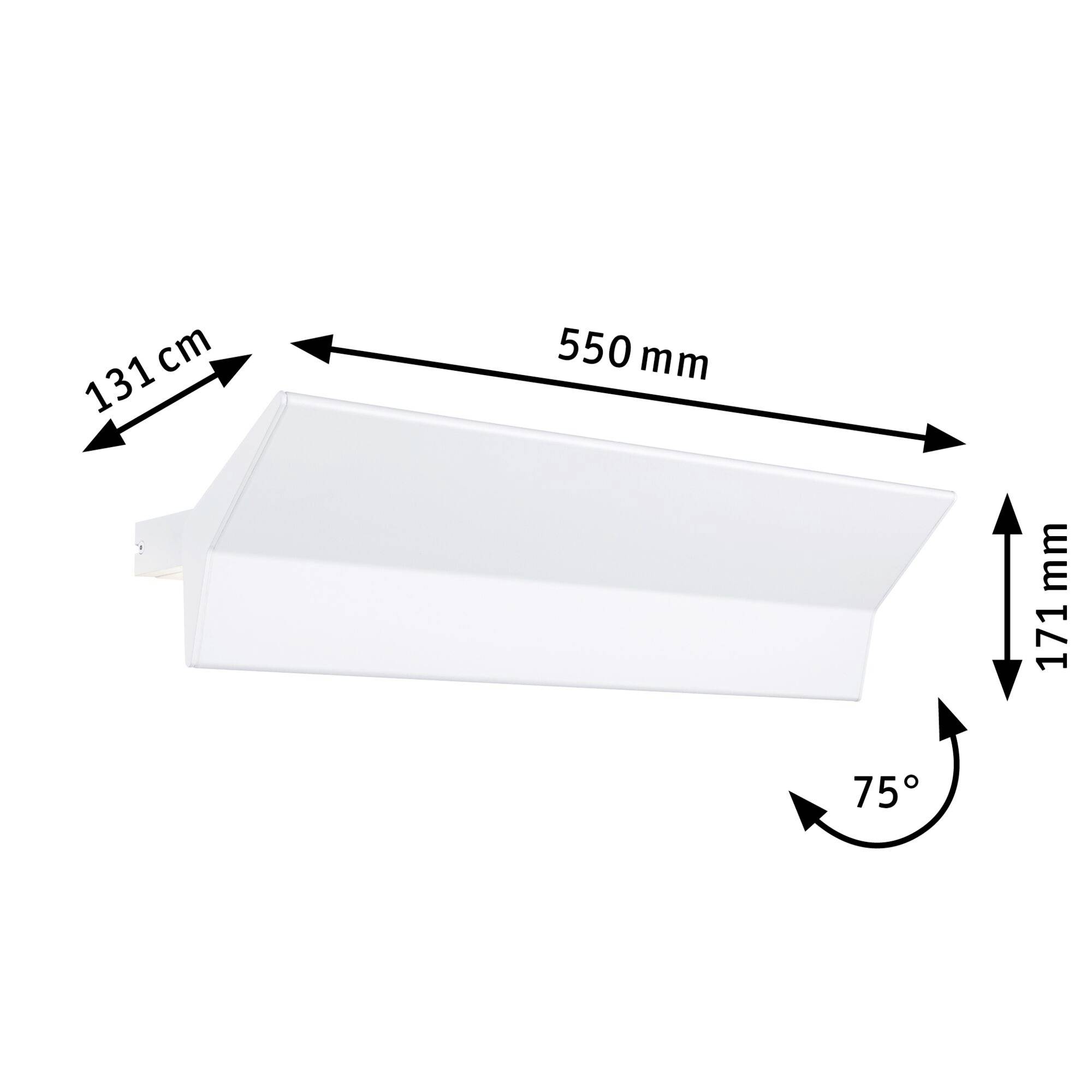 Biała, prostokątna lampa pokazana z boku. Wymiary: 131 cm szerokości, 550 mm długości, 171 mm wysokości. Kąt nachylenia 75 stopni.