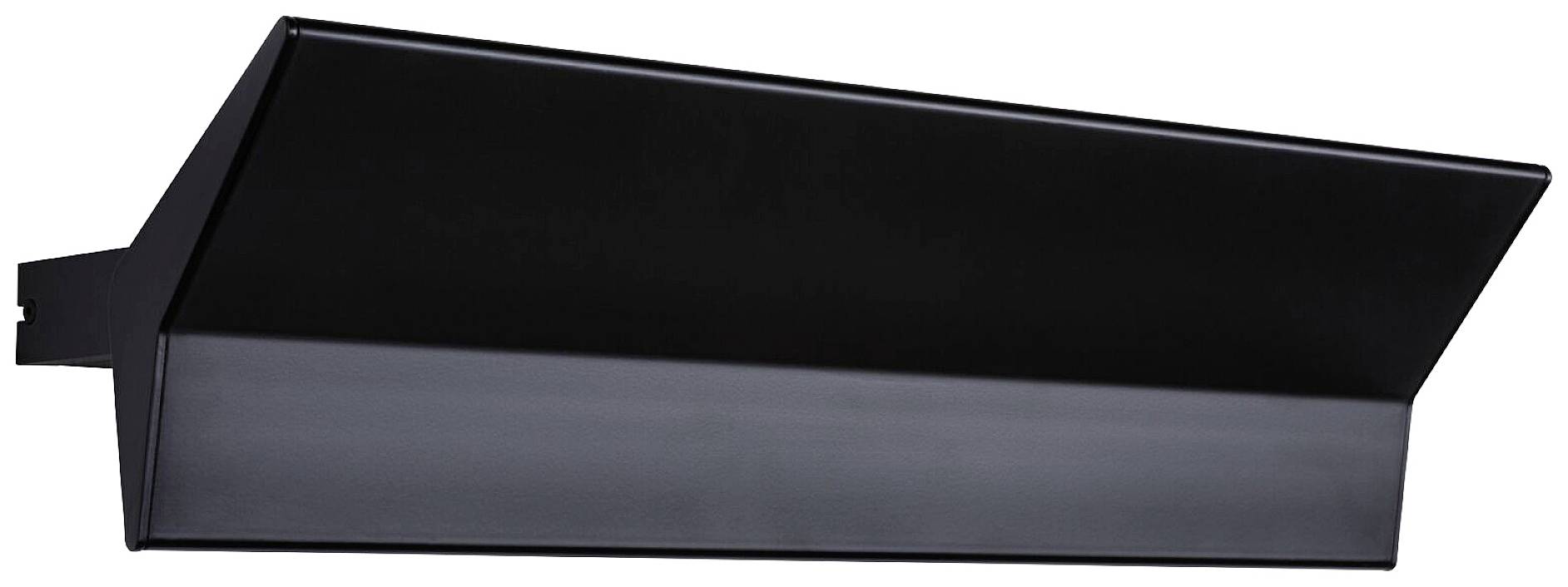 Czarne, prostokątne oświetlenie ścienne z ukośnie zakrzywionym kloszem rozpraszającym światło, przeznaczone do stosowania na zewnątrz.