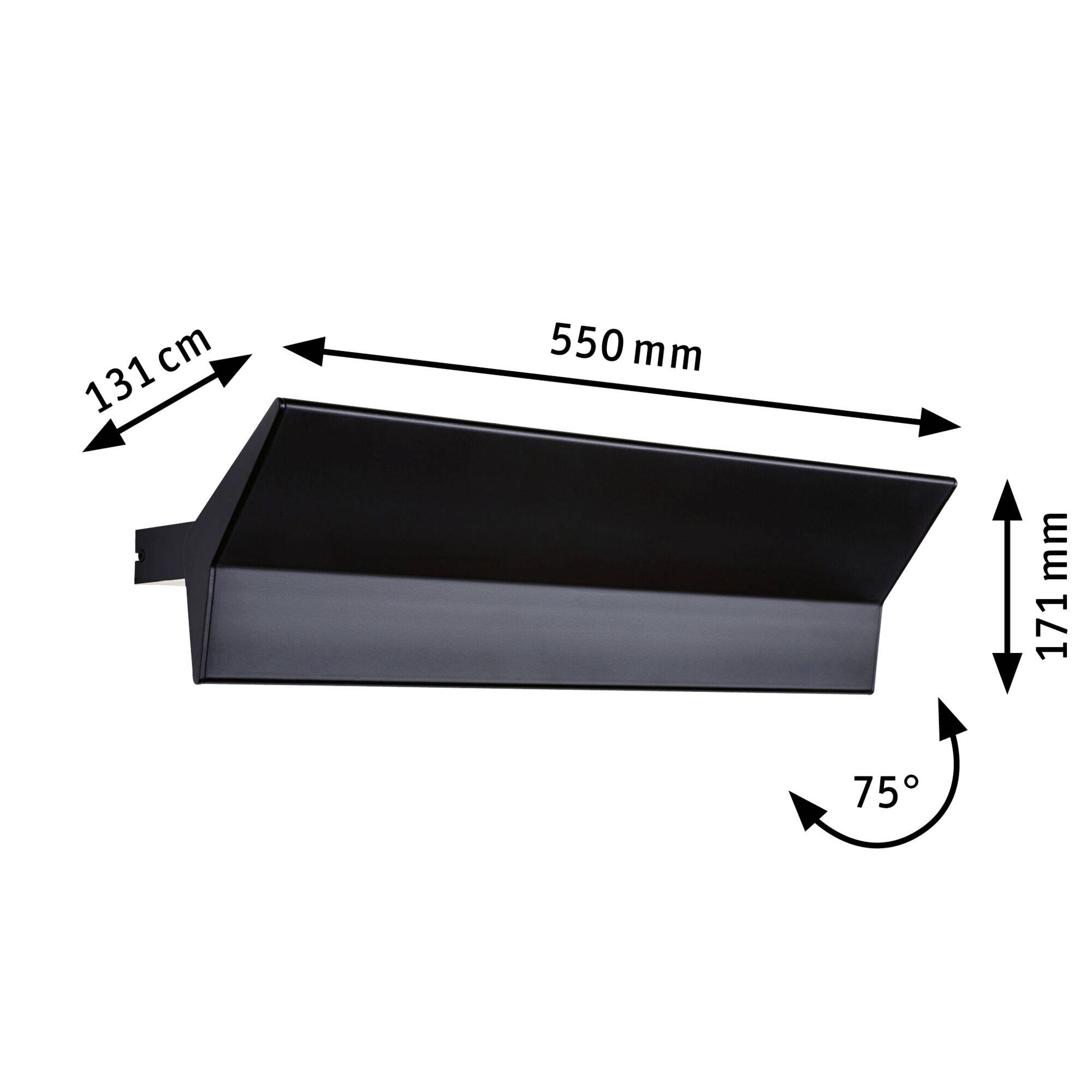Czarna płyta metalowa, 550 mm długości, 131 cm szerokości, 171 mm wysokości, pod kątem 75°.