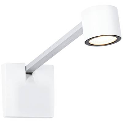 Biała kinkiet ze składanym ramieniem i cylindrycznym kloszem, skierowany światłem w dół. Minimalistyczny design.