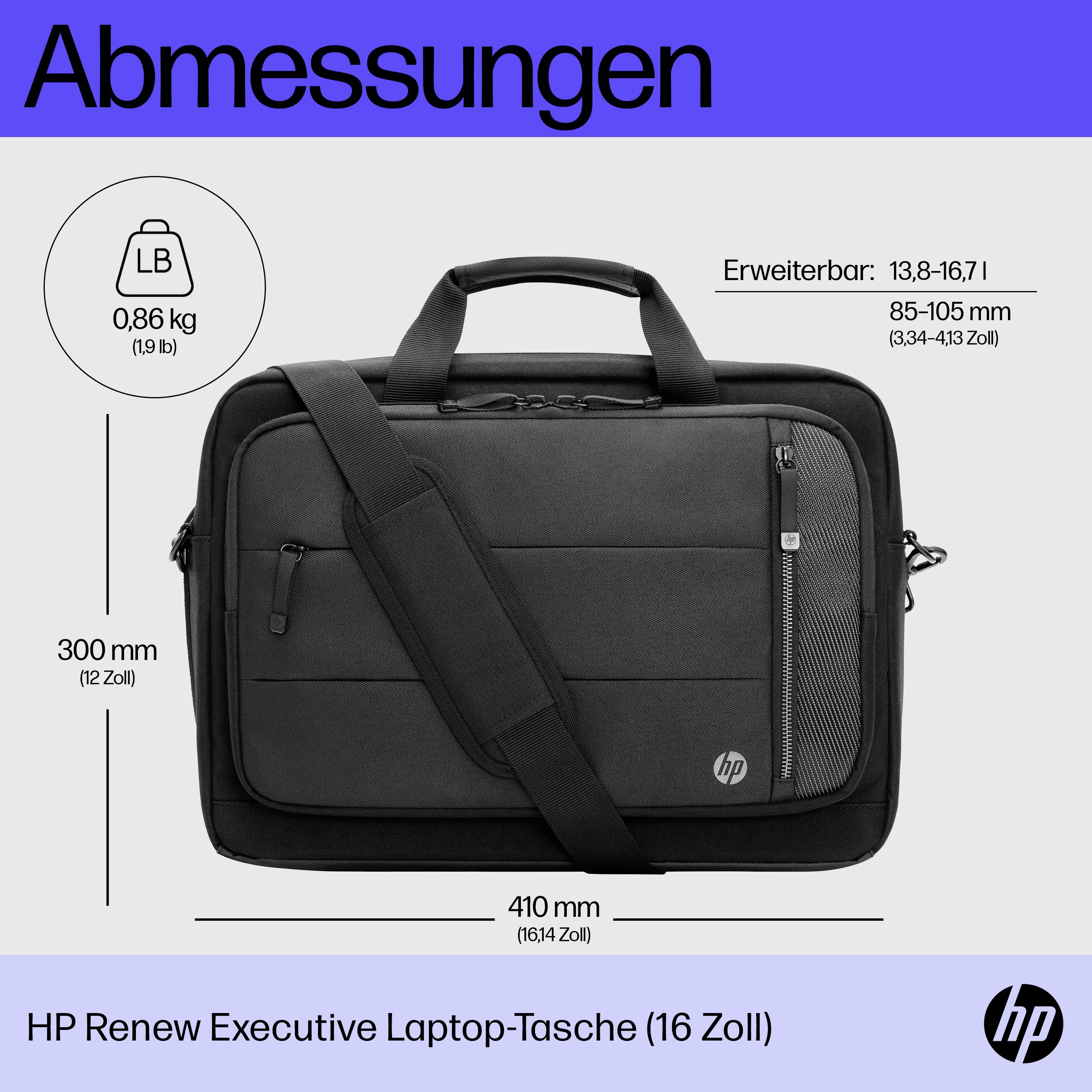 'HP Renew Executive Torba na laptopa (16 cali)' w kolorze czarnym, z uchwytem i paskiem na ramię. Wymiary: 300x410 mm, rozszerzalna 85-105 mm. Waga: 0,86 kg.