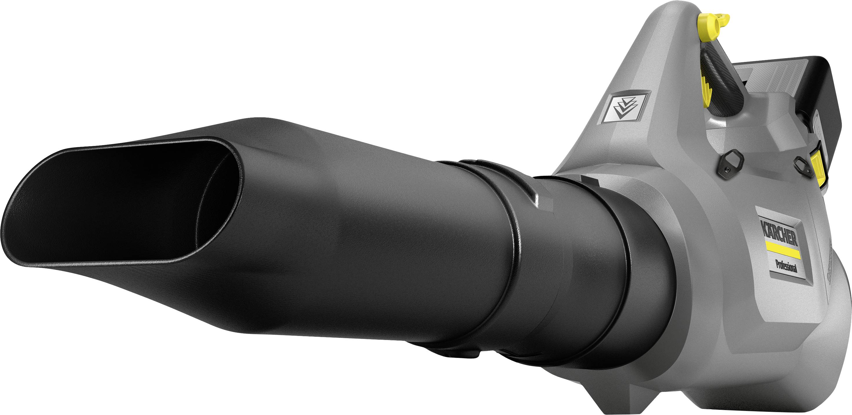 Dmuchawa w kolorze szarym z żółtą rączką. Nazwa marki i numer modelu znajdują się z boku urządzenia.