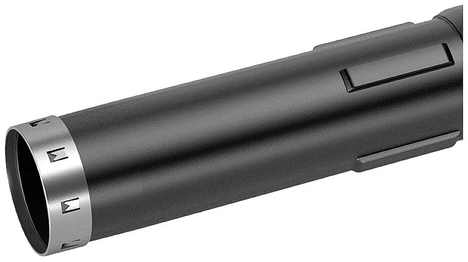 Czarny cylindryczny przedmiot z srebrnym pierścieniem na końcu. Może być elementem urządzenia technicznego lub narzędzia.