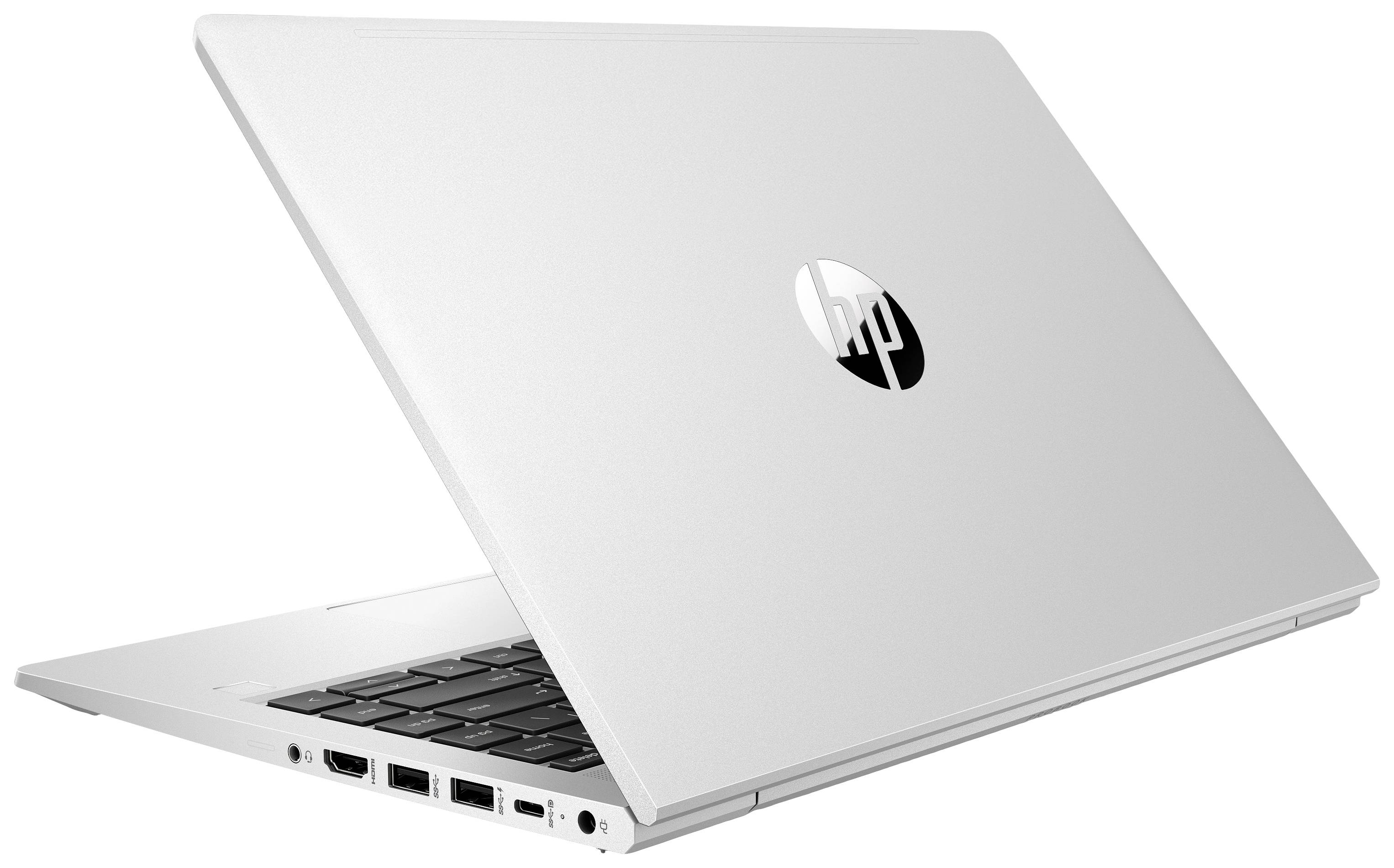 Srebrny laptop, częściowo otwarty, z widocznym logo HP na tylnej stronie ekranu. Po lewej stronie widać kilka portów.