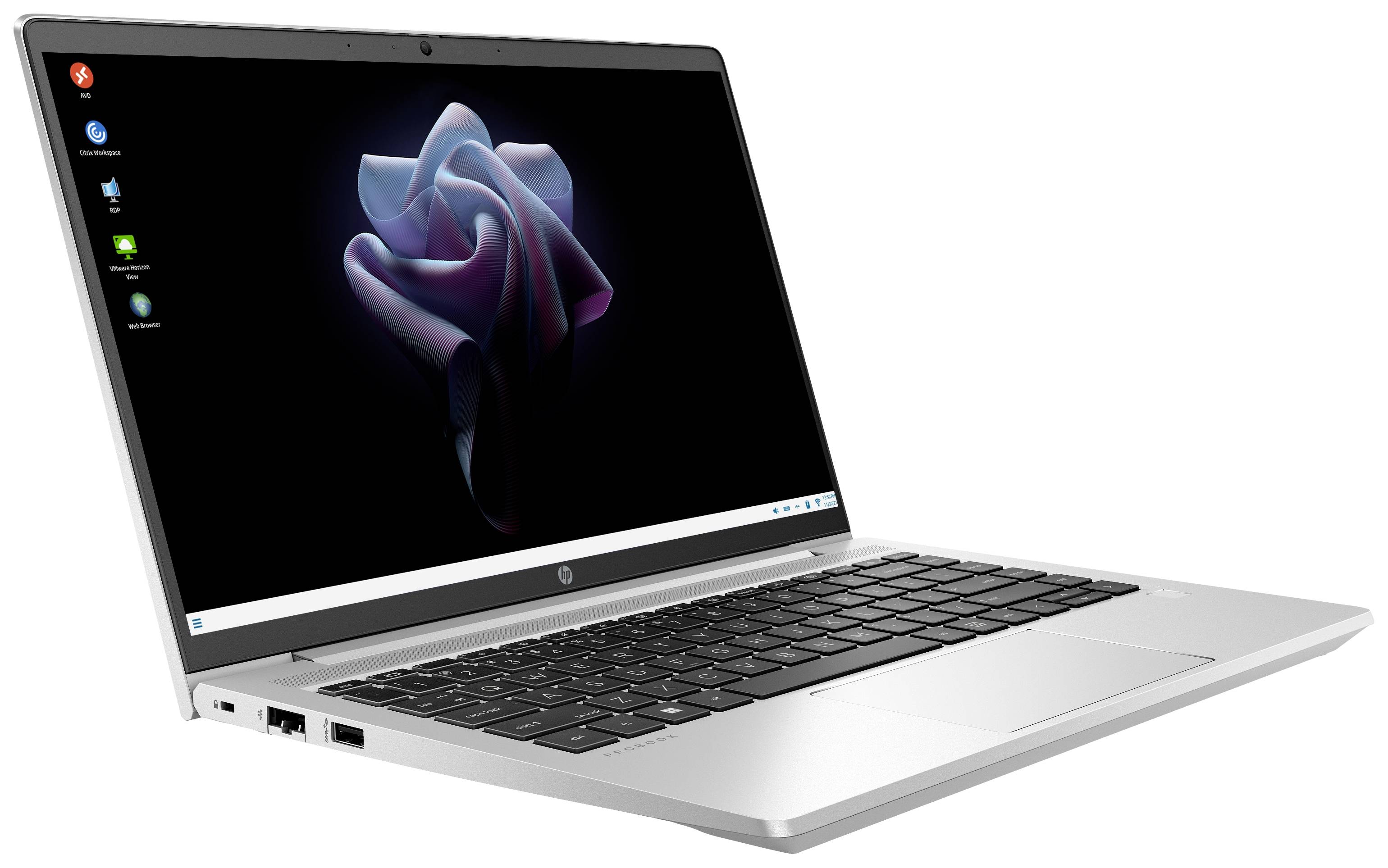 Srebrny laptop widziany z boku z otwartym ekranem. Na ekranie wyświetlany jest nowoczesny, abstrakcyjny obraz na czarnym tle.