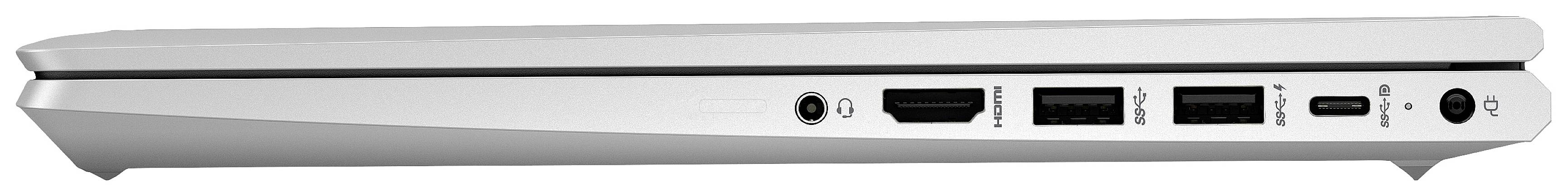 Szary laptop widziany z boku, z kilkoma portami: HDMI, USB-A, USB-C oraz gniazdem słuchawkowym.