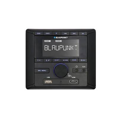Czarne radio samochodowe Blaupunkt z regulatorami i gniazdami. Na wyświetlaczu widoczny napis 'Blaupunkt'. Posiada złącza USB i HDMI.