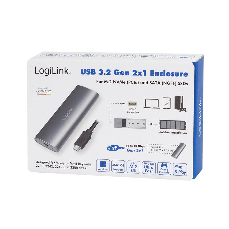 'LogiLink Obudowa USB 3.2 Gen 2x1 dla dysków M.2 NVMe i SATA SSD. Zawiera obudowę, kabel i śrubokręt. Obsługuje prędkość do 10 Gb/s.'