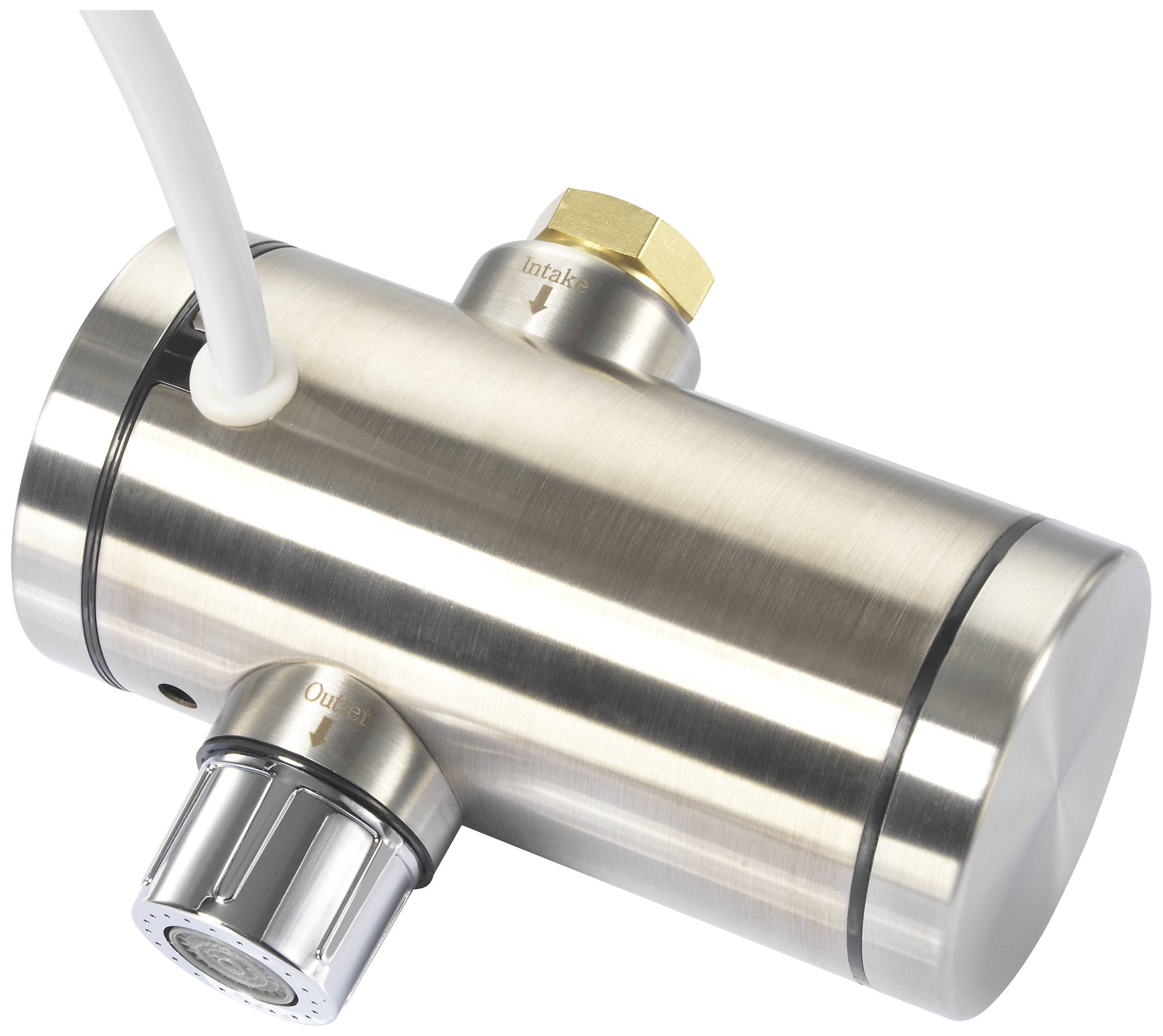 Metalowy adapter przyłącza wodnego z zaworami wlotowymi i wylotowymi.