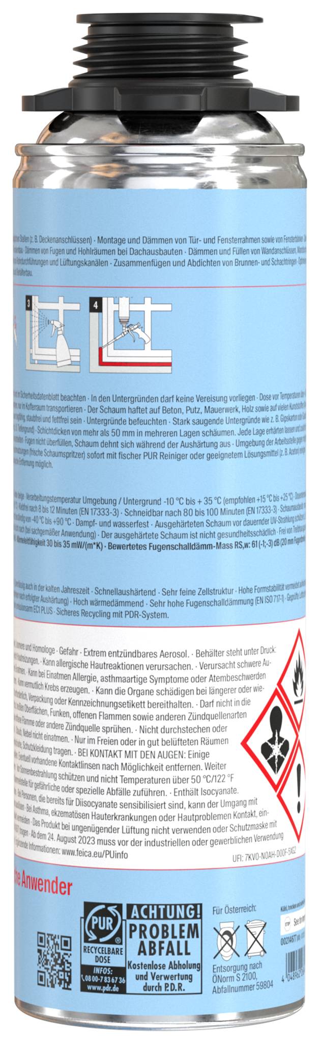 Kanister z czarną nakrętką wyświetlającą piktogramy wskazujące na zawartość łatwopalną i szkodliwą. Na etykiecie wydrukowane są instrukcje dotyczące bezpieczeństwa i użytkowania.