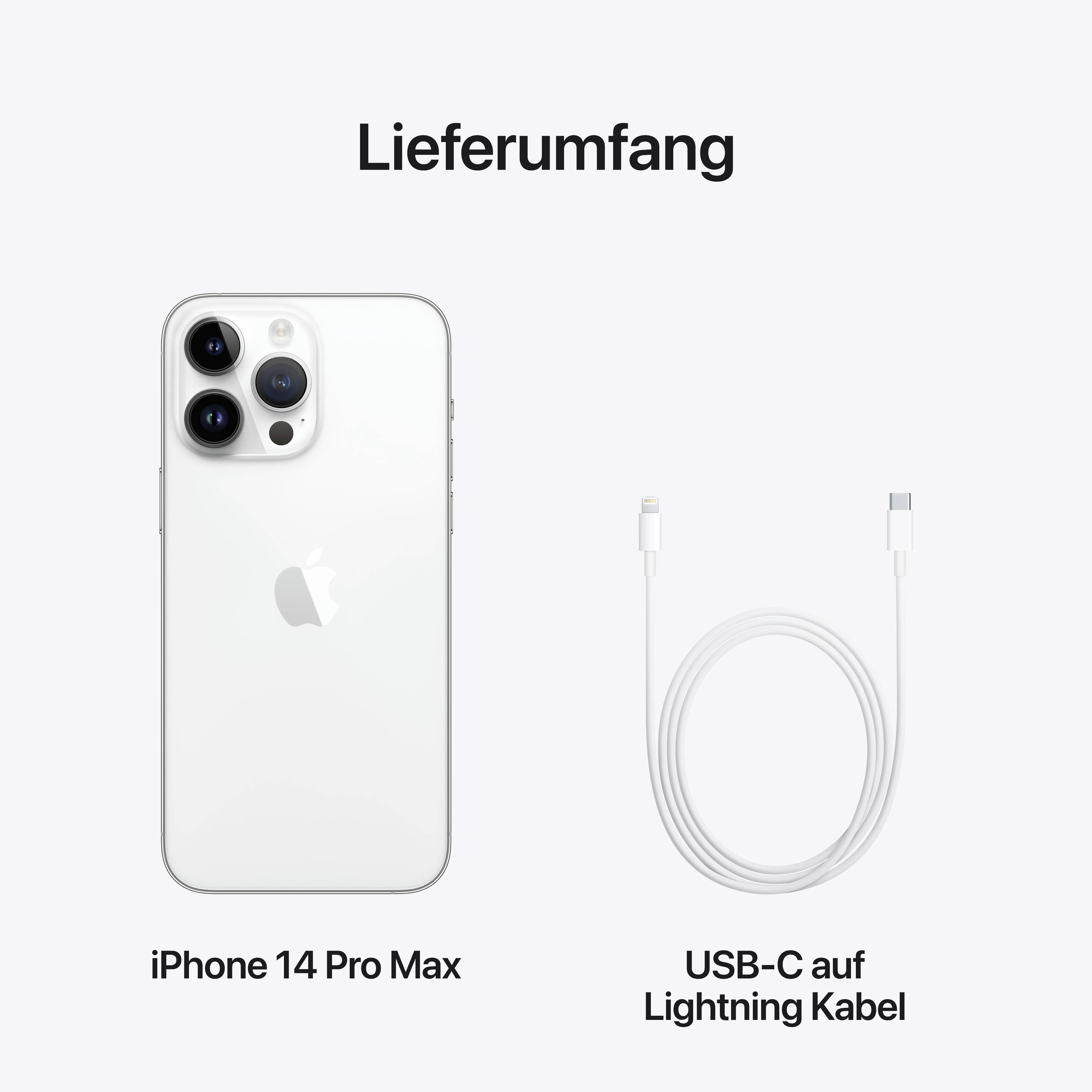 Zakres dostawy obejmuje iPhone 14 Pro Max oraz kabel z USB-C na Lightning.