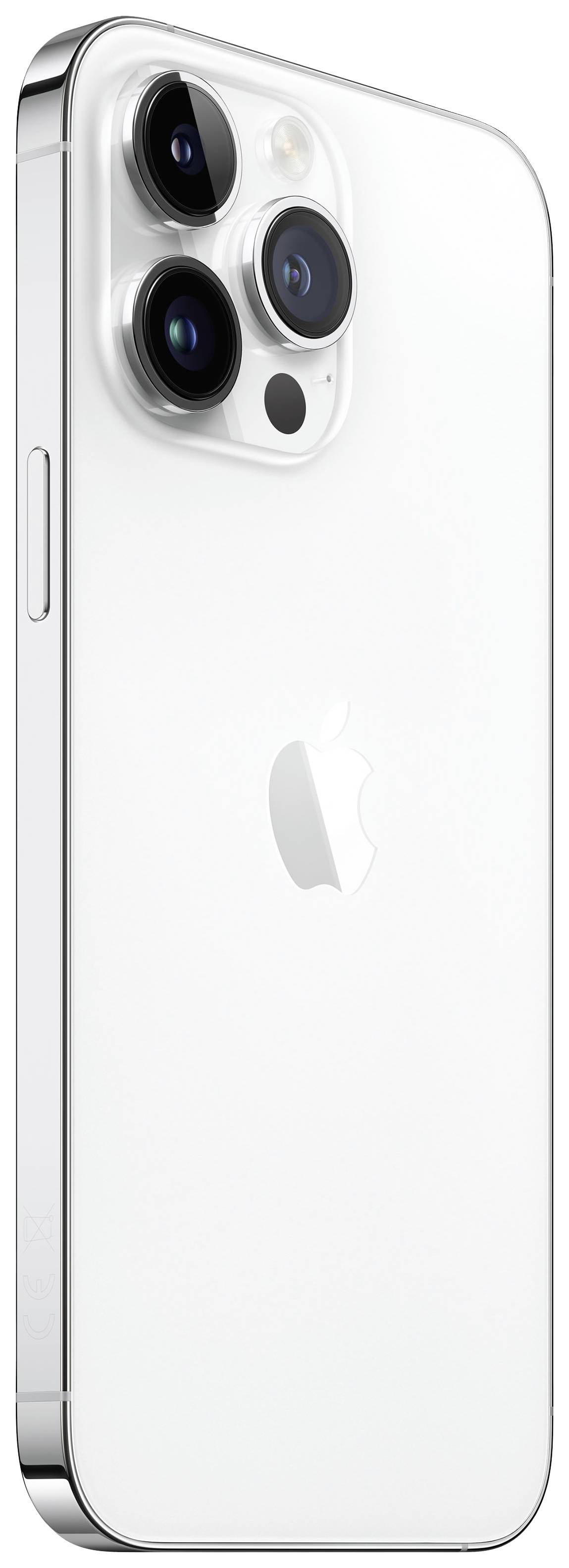 Białty smartfon widziany od tyłu, z trzema obiektywami aparatu i logo Apple pośrodku.