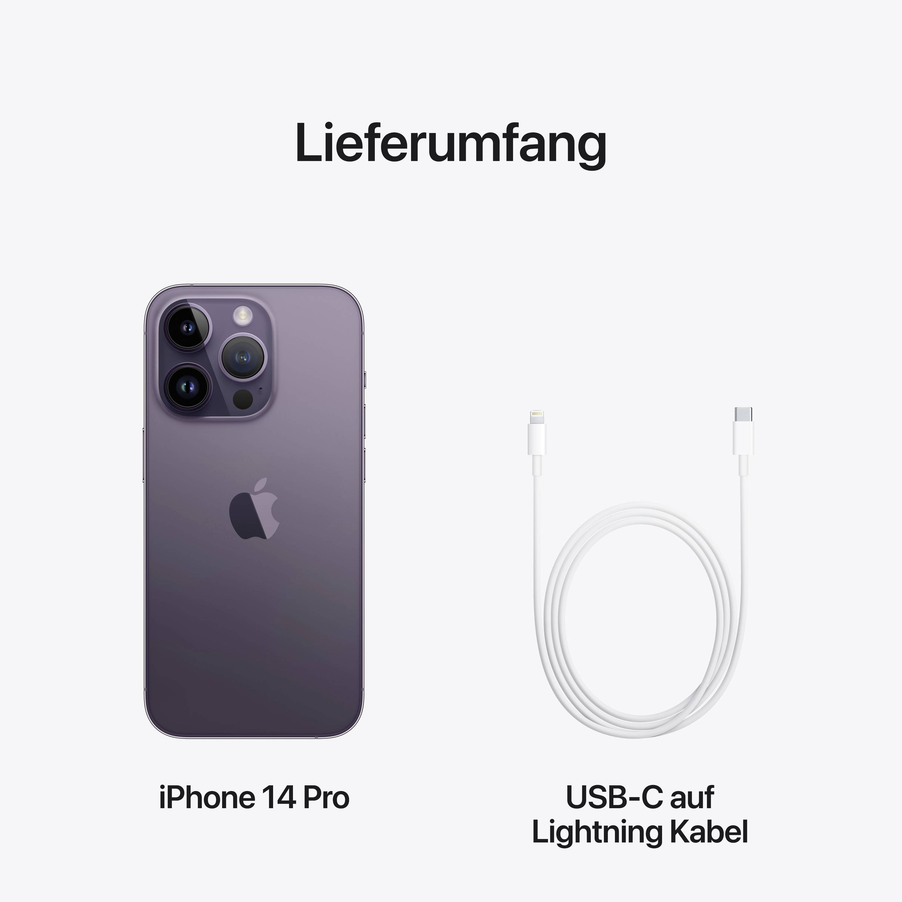 Zawartość zestawu obejmuje iPhone'a 14 Pro oraz przewód z USB-C na Lightning.