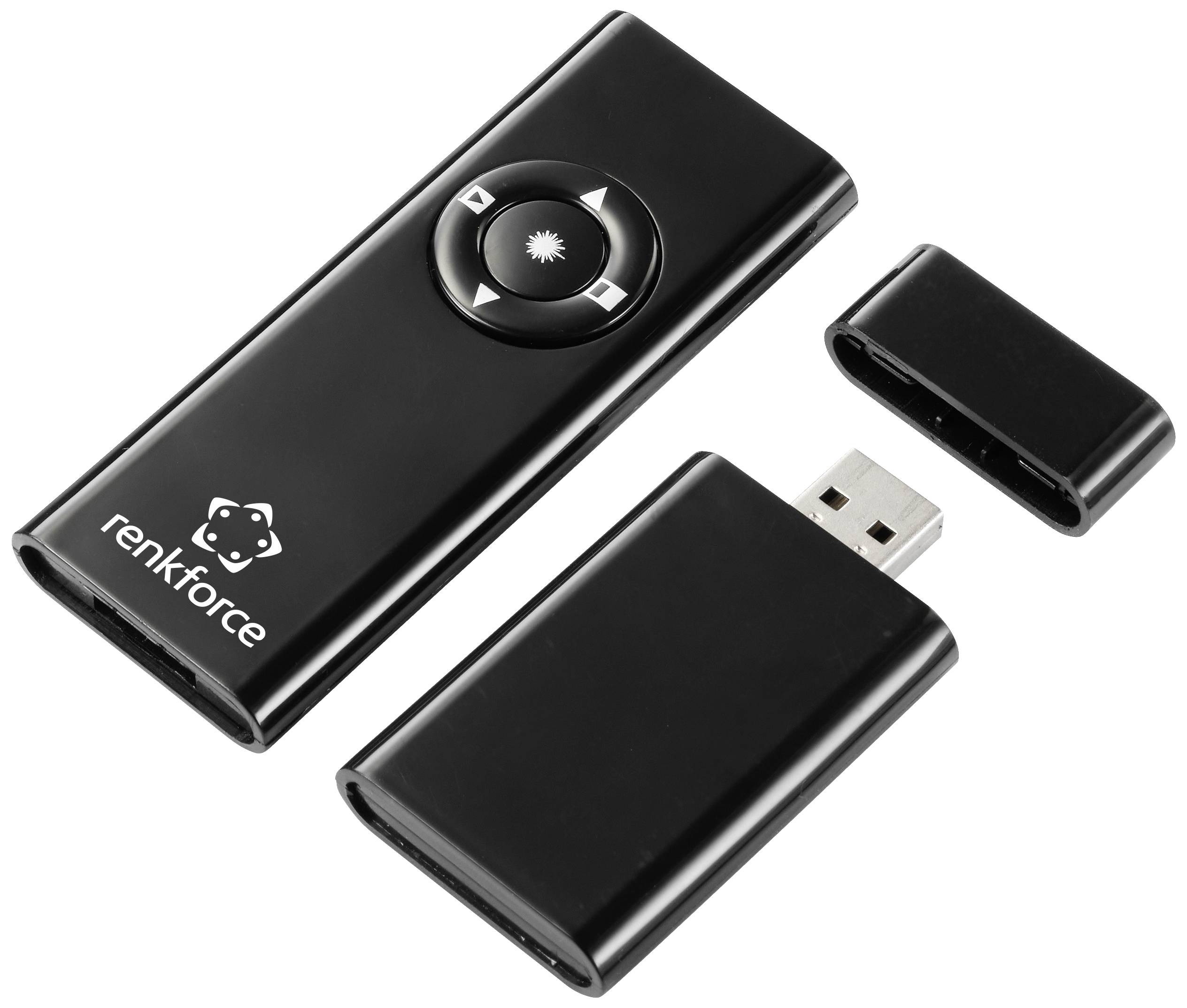 Czarny bezprzewodowy prezenter USB z przyciskami sterującymi i wymiennym odbiornikiem USB. Odpowiedni do prezentacji.