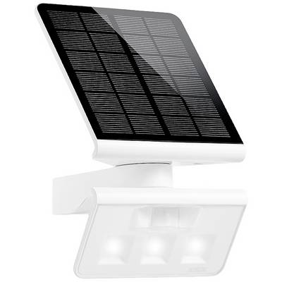 Biała lampa solarna z panelem słonecznym na górze, wyposażona w kilka diod LED poniżej, przeznaczona do oświetlenia外trycznego i oszczędzania energii.