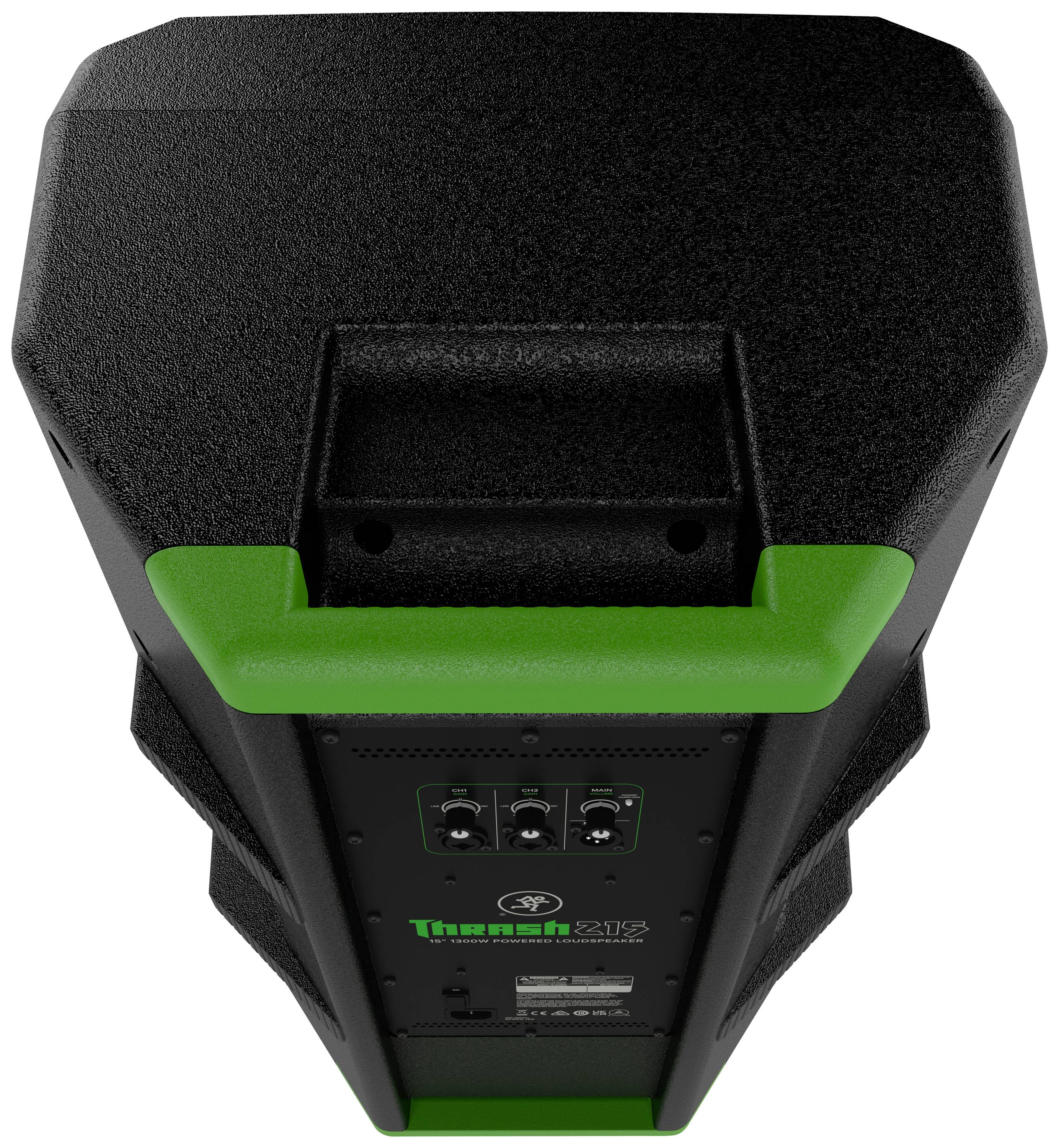 Czarny głośnik z zielonym uchwytem. Z tyłu znajdują się przyciski sterujące i złącza.