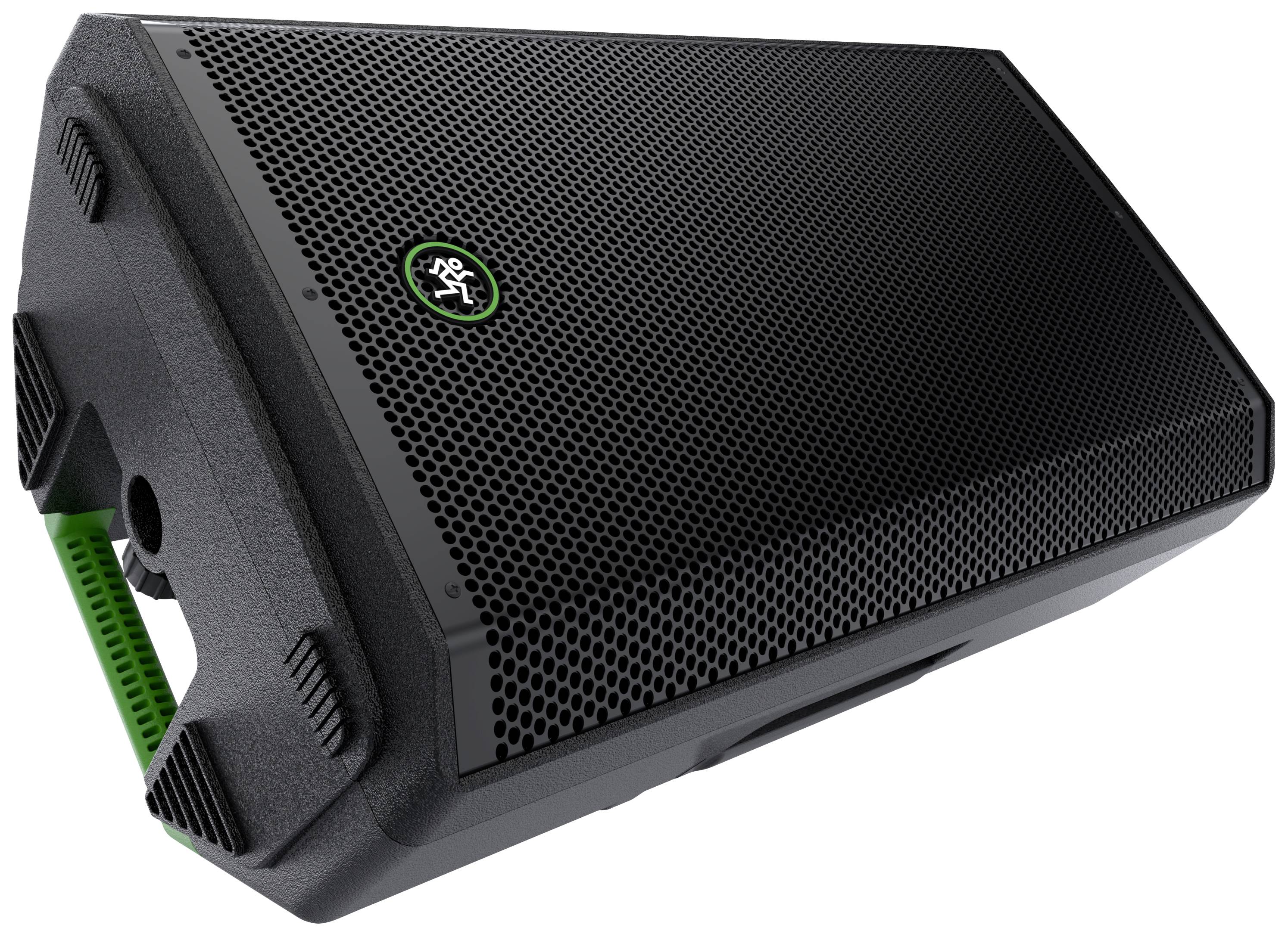 Czarny głośnik widziany z boku, z czarną kratką i zielonym logo na górze.