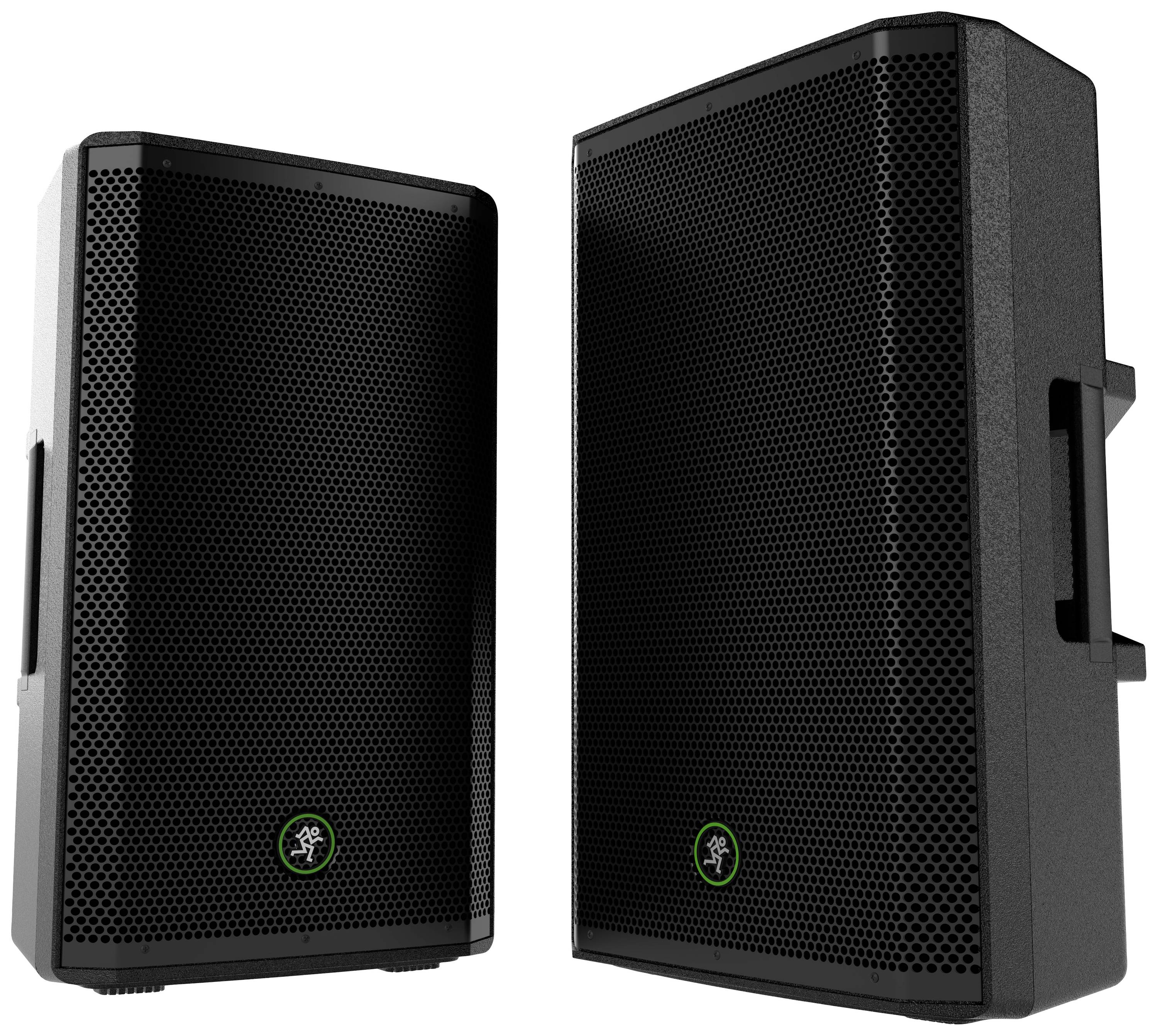 Dwa czarne głośniki z zielonym logo, ustawione obok siebie. Mają nowoczesny, prostokątny kształt.