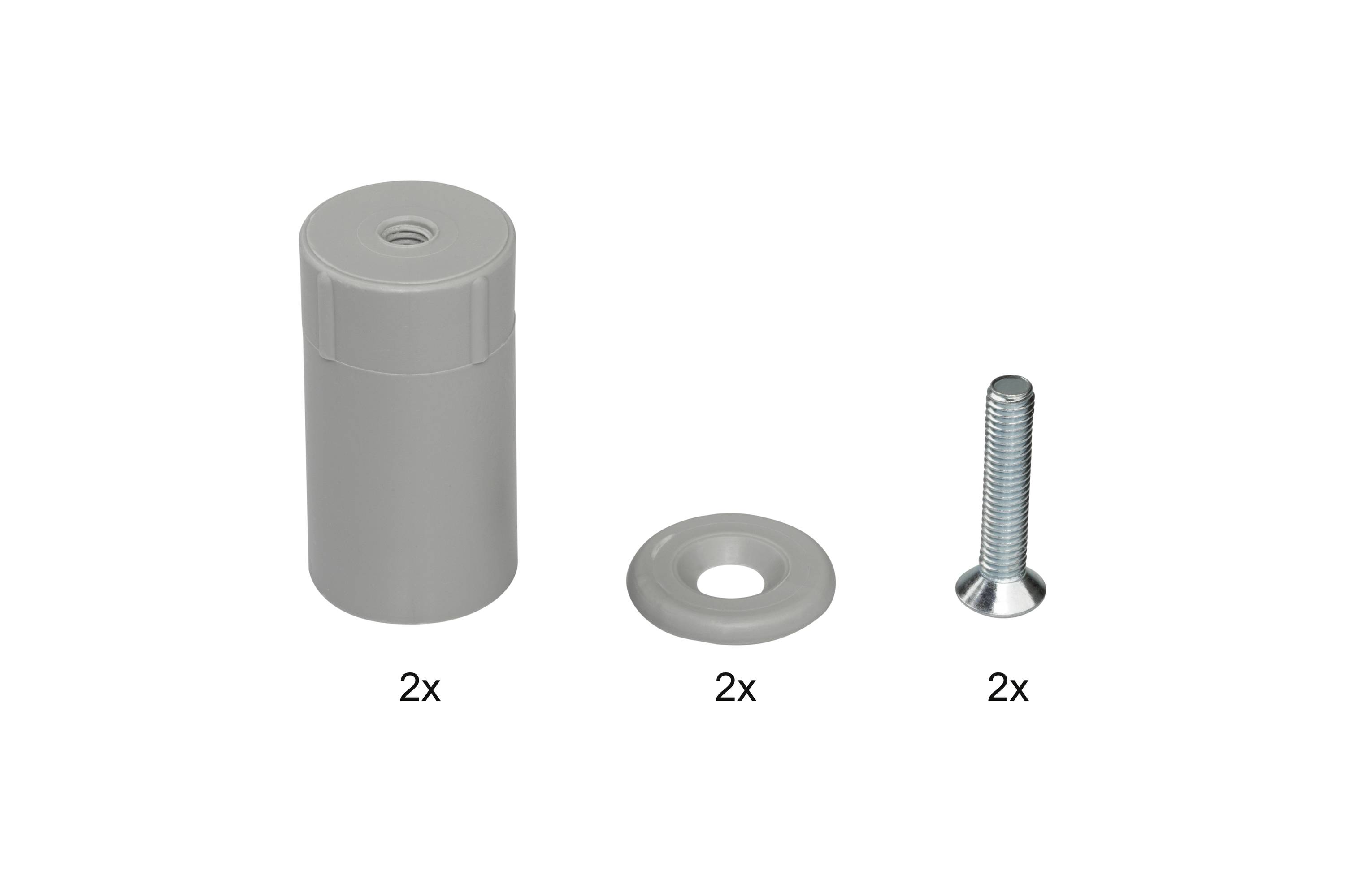 Dwa szare cylindry, dwie podkładki i dwie srebrne śruby przedstawione na białym tle.