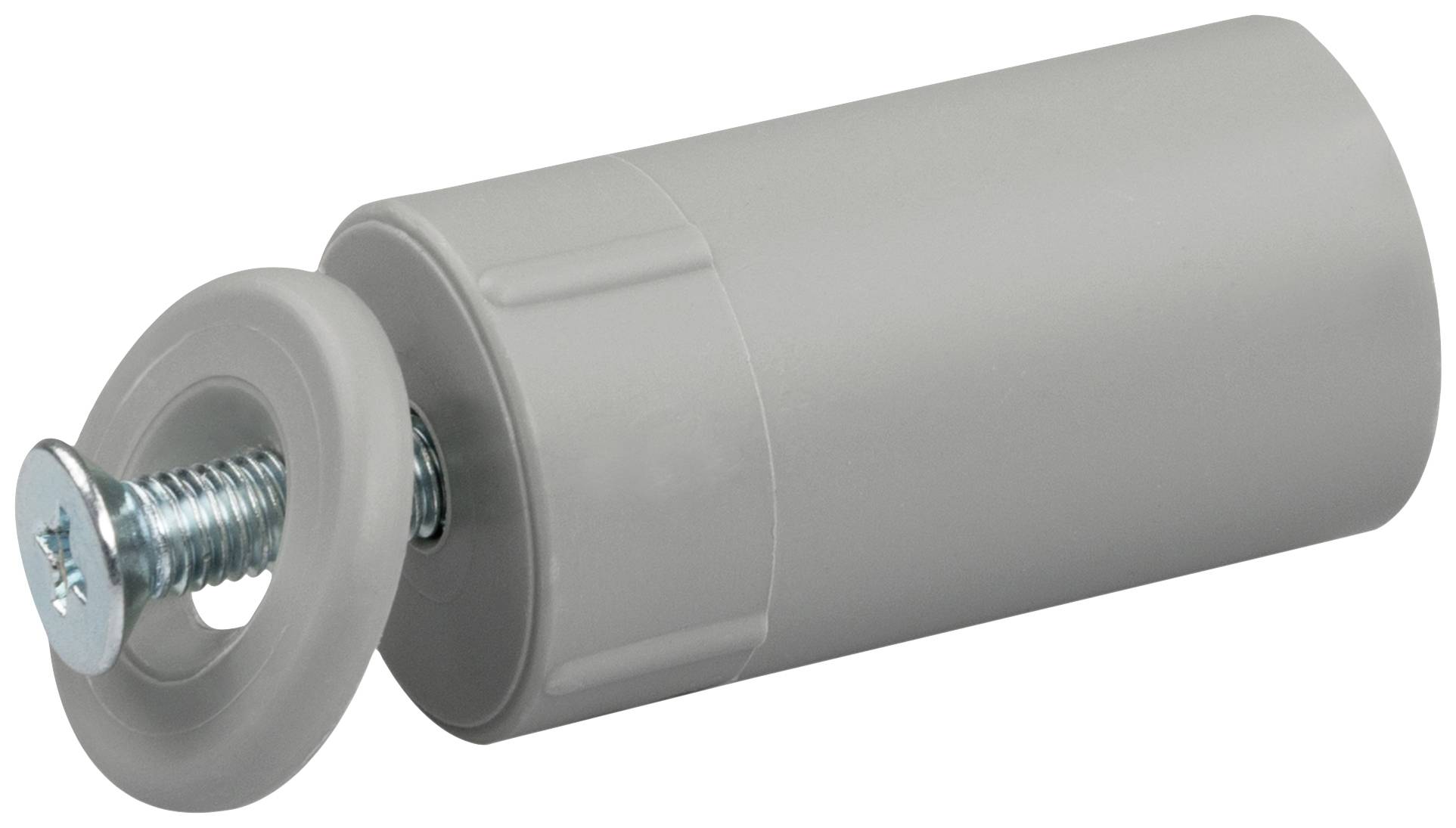 Szary obrotowy trzpień z śrubą, regulowany na wysokość mebla.