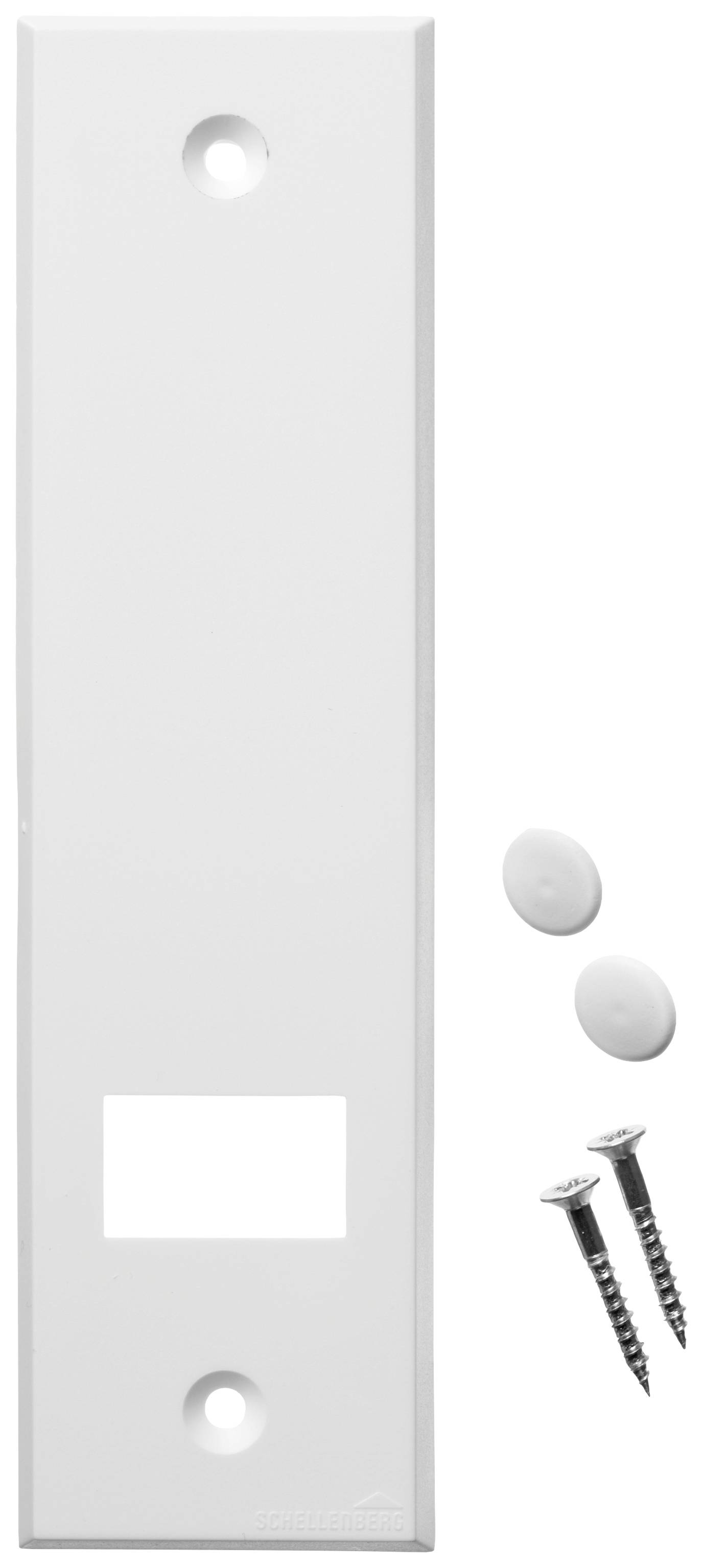 Biała osłona zamka drzwiowego z dwoma śrubami i zaślepkami, przeznaczona do instalacji lub wymiany w drzwiach drewnianych.